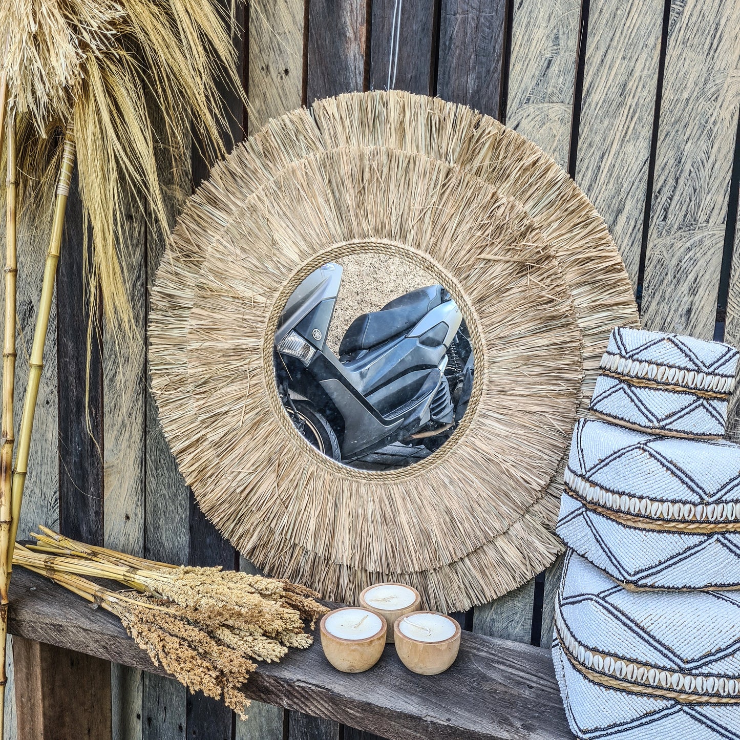 Boho mirror 80cm palm leaf and agel bohemian wall mirror wall hangings juju hat tropical decoration eco mirror