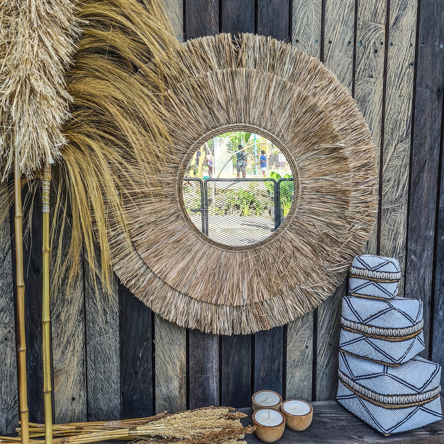 Boho mirror 72cm wall mirror palm leaf and agel bohemian wall hangings juju hat tropical decoration eco mirror