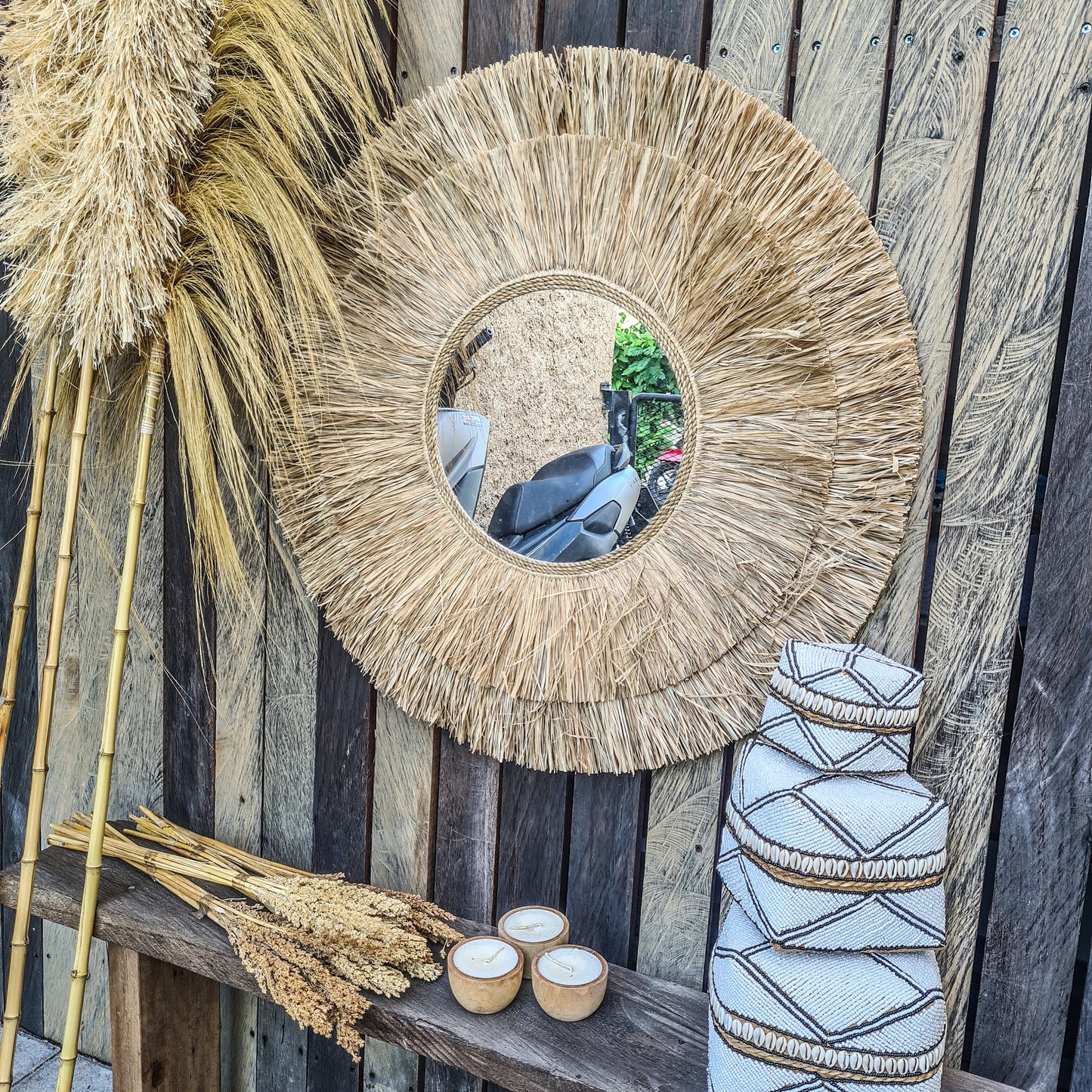 Boho mirror 72cm wall mirror palm leaf and agel bohemian wall hangings juju hat tropical decoration eco mirror