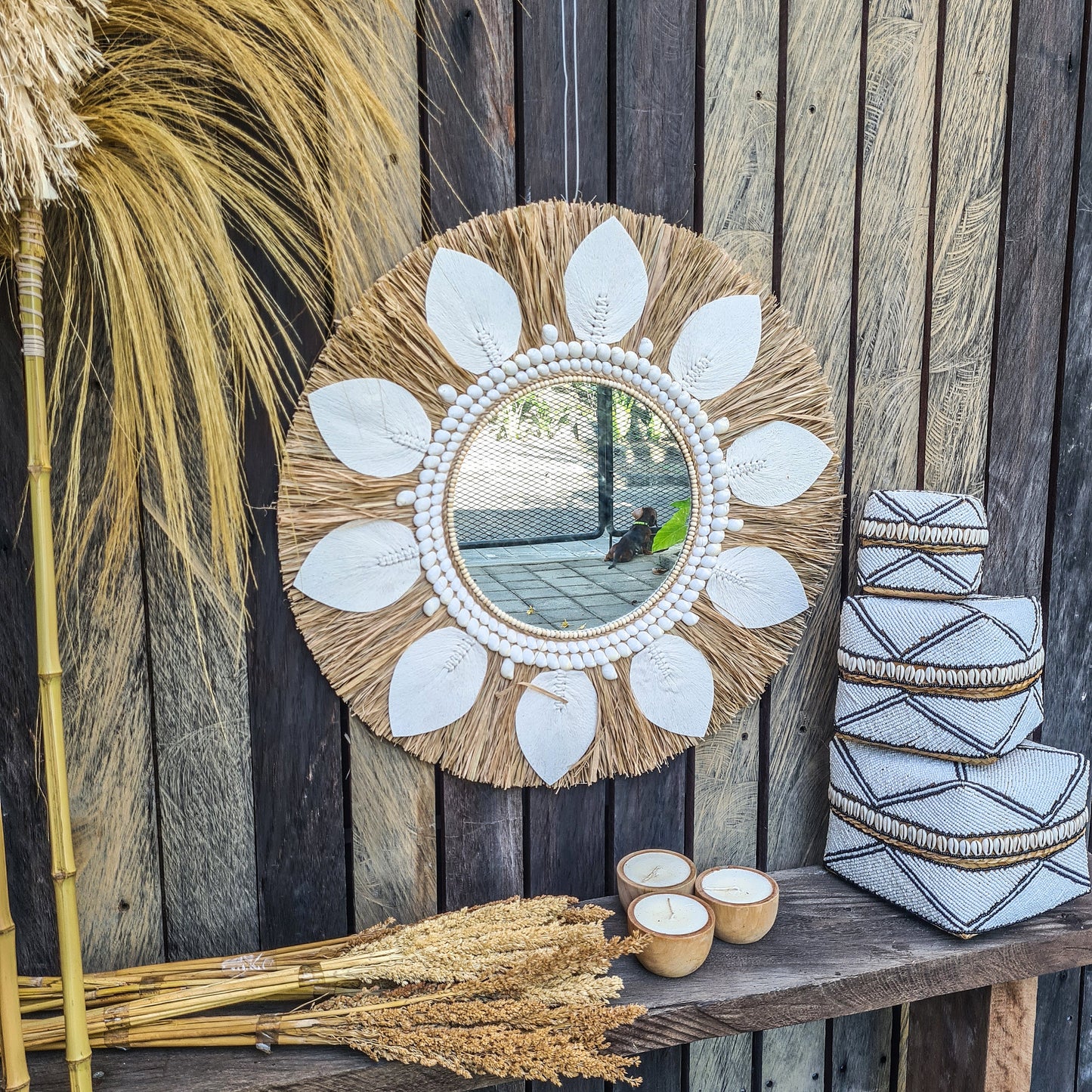Boho mirror 60cm palm leaf macrame sea shells bohemian wall mirror wall hangings juju hat tropical decoration eco mirror