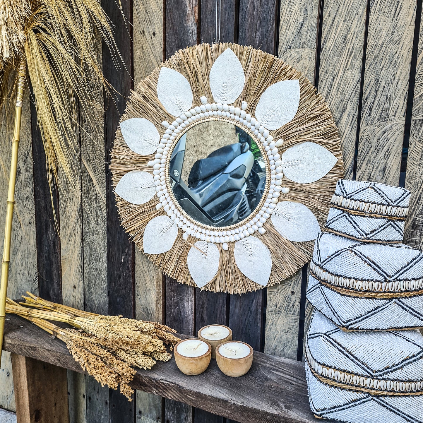 Boho mirror 60cm palm leaf macrame sea shells bohemian wall mirror wall hangings juju hat tropical decoration eco mirror