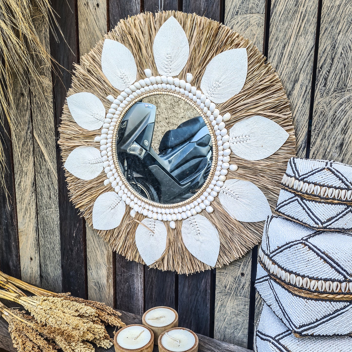 Boho mirror 60cm palm leaf macrame sea shells bohemian wall mirror wall hangings juju hat tropical decoration eco mirror