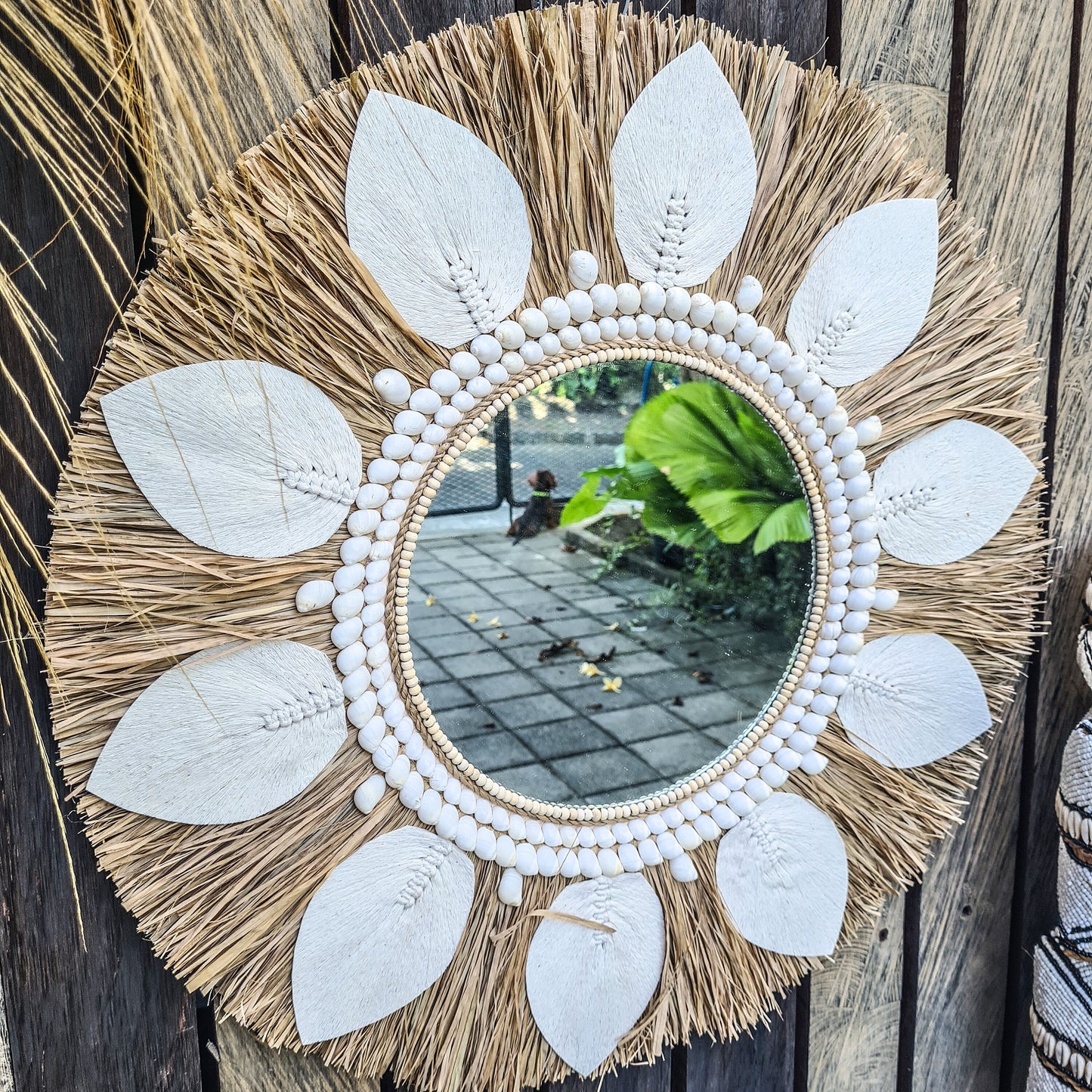 Boho mirror 60cm palm leaf macrame sea shells bohemian wall mirror wall hangings juju hat tropical decoration eco mirror