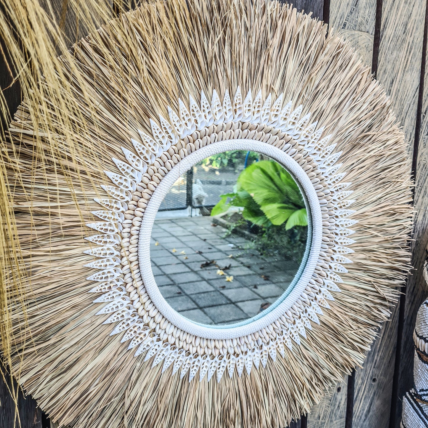 Boho mirror 60cm bohemian wall mirror palm leaf and shells wall hangings juju hat tropical decoration eco mirror tropic style