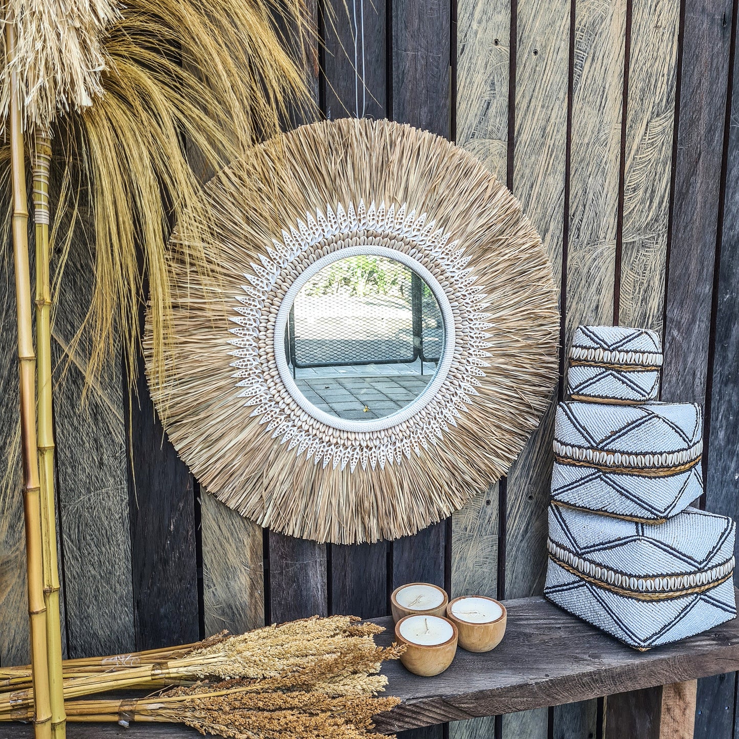 Boho mirror 60cm bohemian wall mirror palm leaf and shells wall hangings juju hat tropical decoration eco mirror tropic style