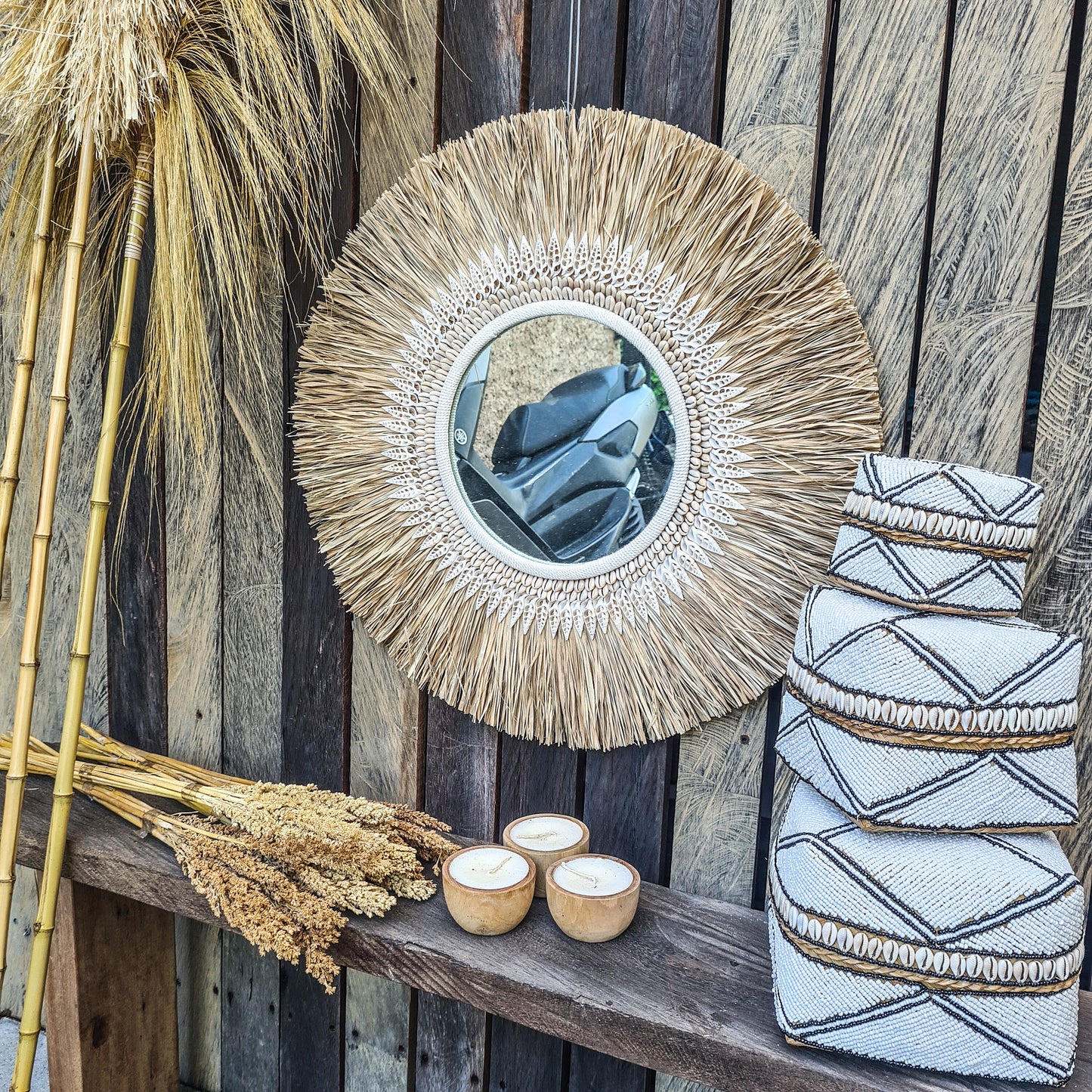 Boho mirror 60cm bohemian wall mirror palm leaf and shells wall hangings juju hat tropical decoration eco mirror tropic style