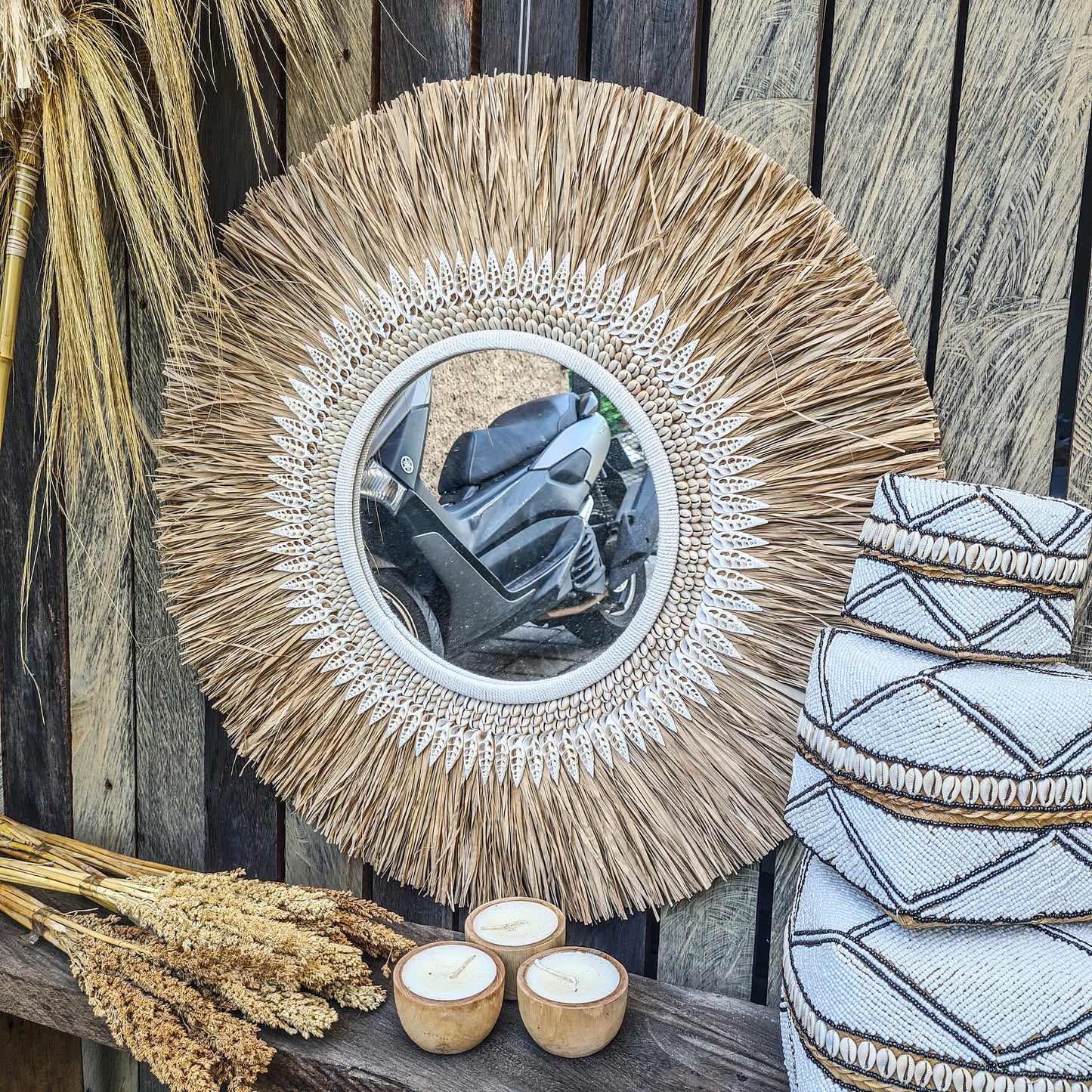 Boho mirror 70cm bohemian wall mirror palm leaf and shells wall hangings juju hat tropical decoration eco mirror tropic style