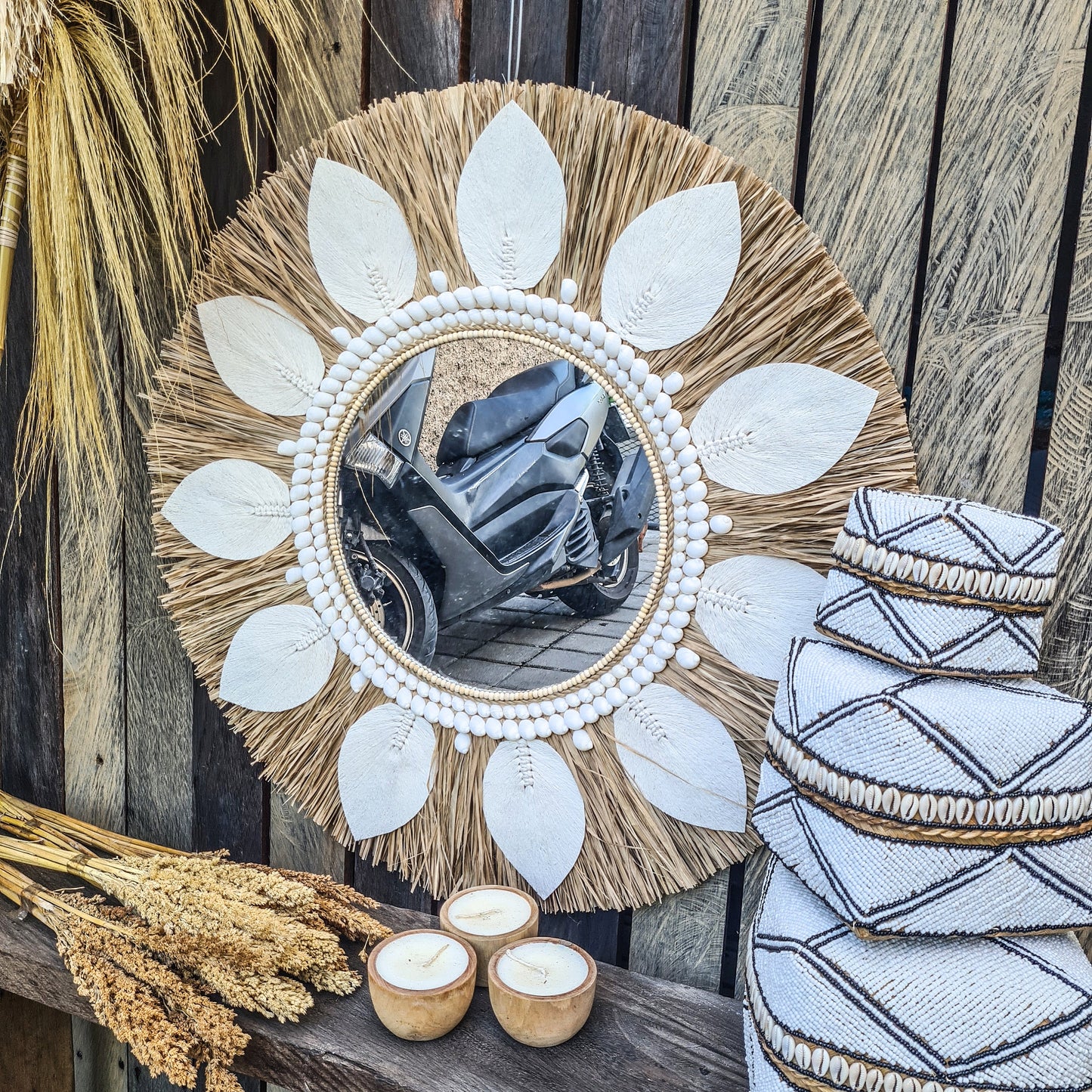 Boho mirror 70cm sea shells palm leaf macrame bohemian wall mirror wall hangings juju hat tropical decoration eco mirror