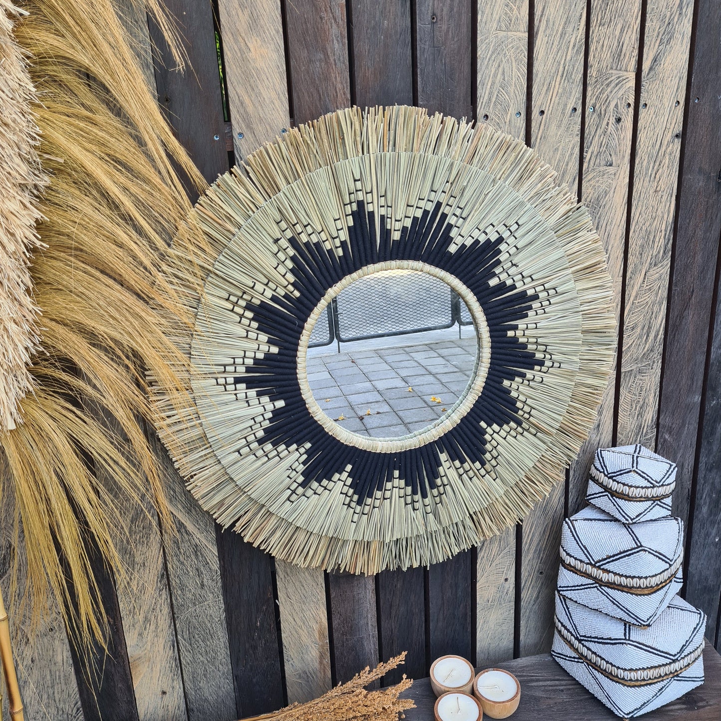 Boho mirror 80cm bohemian wall mirror fimbristylis wall hangings juju hat tropical decoration eco mirror boho decor wall decor