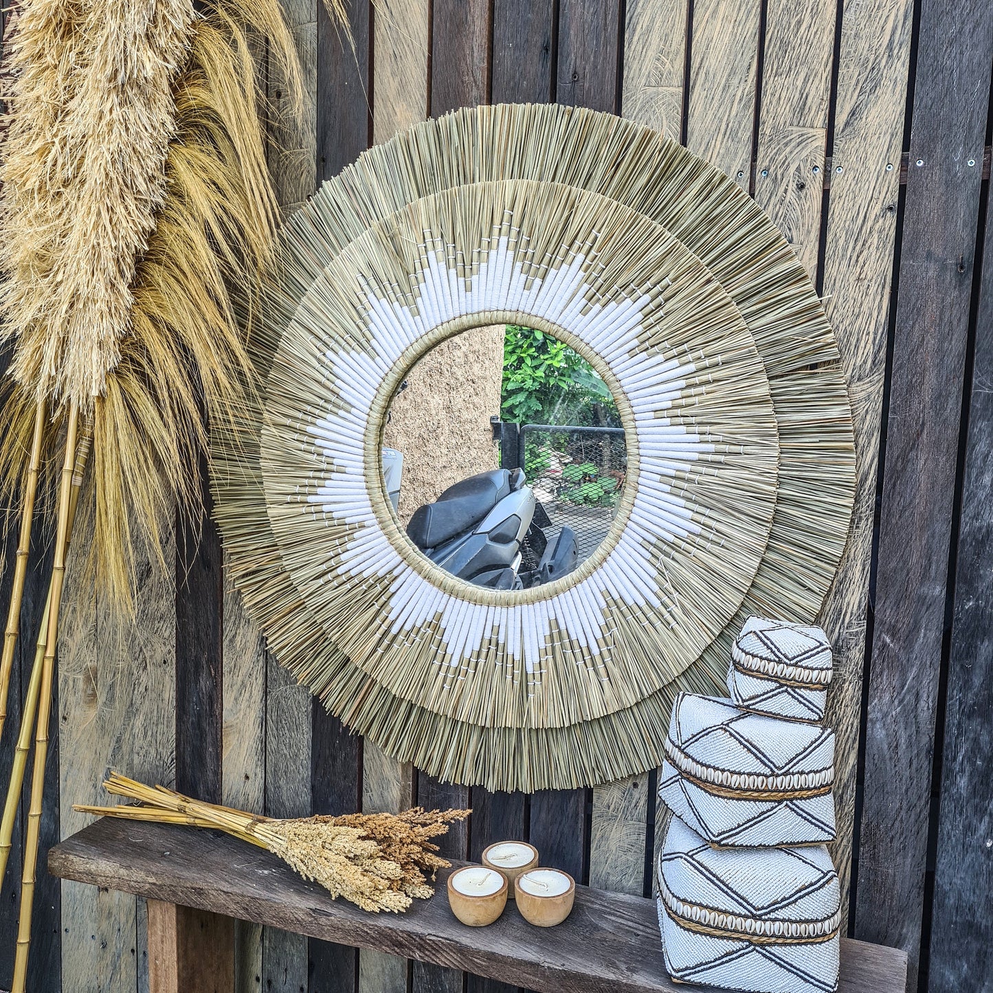 Boho mirror 100cm white fimbristylis bohemian wall mirror wall decor boho decor wall hangings juju hat tropical decoration eco mirror