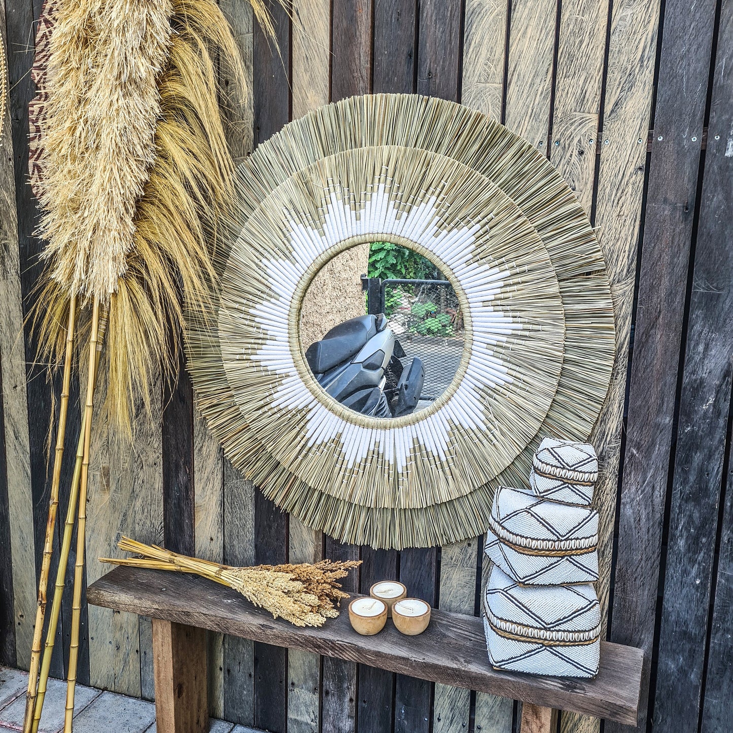 Boho mirror 100cm white fimbristylis bohemian wall mirror wall decor boho decor wall hangings juju hat tropical decoration eco mirror