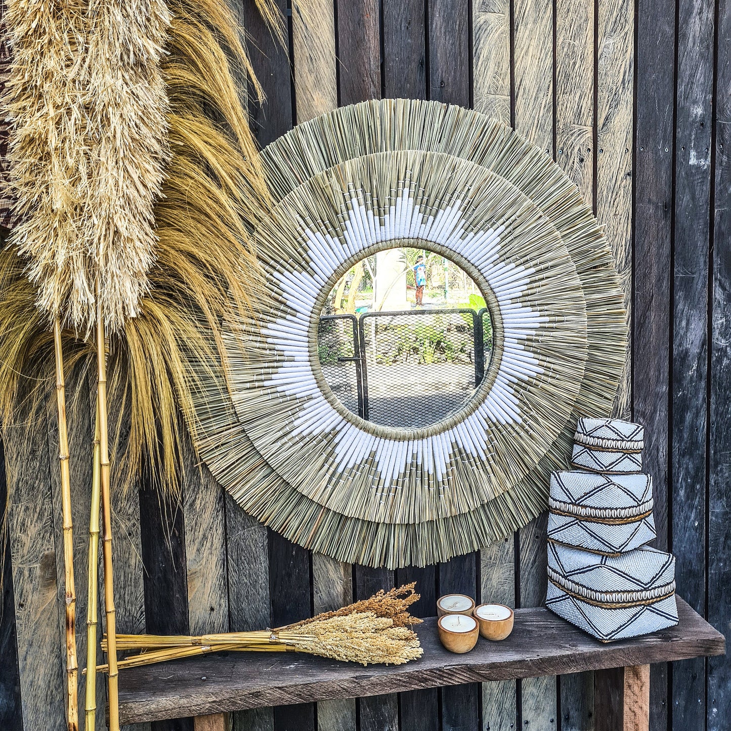 Boho mirror 100cm white fimbristylis bohemian wall mirror wall decor boho decor wall hangings juju hat tropical decoration eco mirror