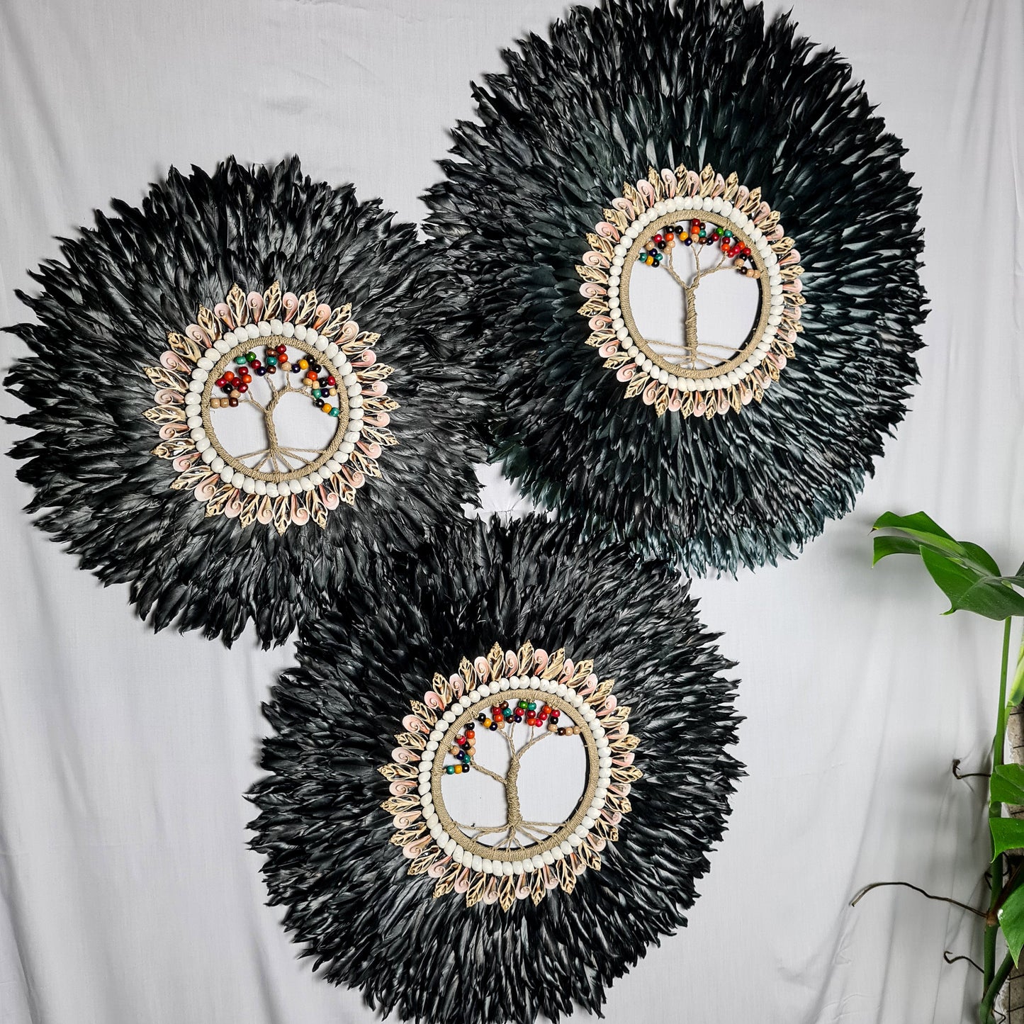 Wall decor set of 3 65,55,45cm black jujuhat juju hat feather wall decor wall hangings tree inside shell decoration bohemian style