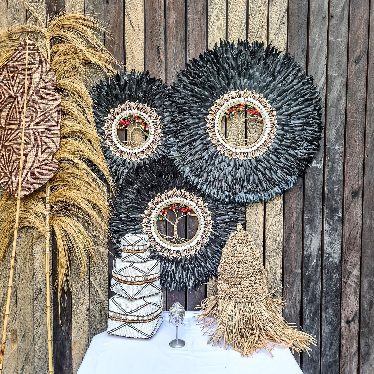 Wall decor set of 3 65,55,45cm black jujuhat juju hat feather wall decor wall hangings tree inside shell decoration bohemian style