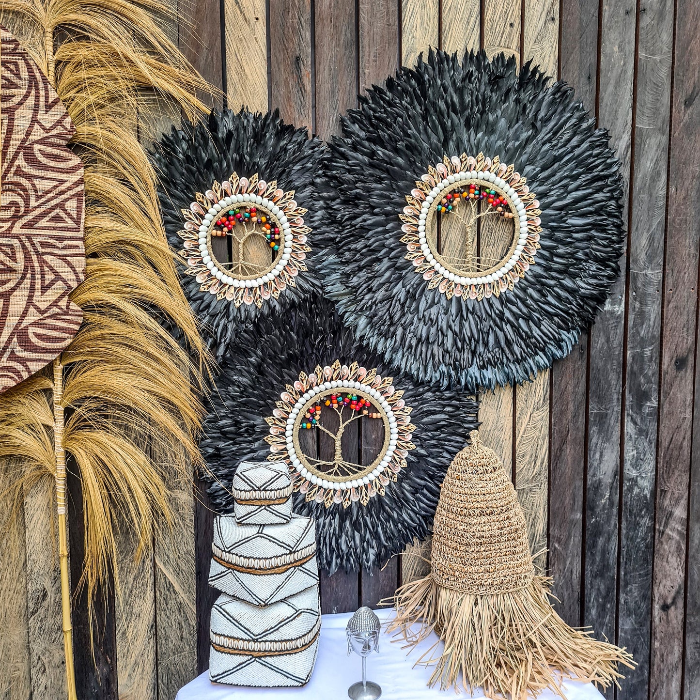 Wall decor set of 3 65,55,45cm black jujuhat juju hat feather wall decor wall hangings tree inside shell decoration bohemian style