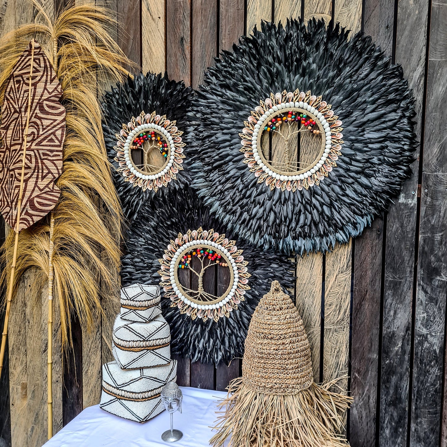 Wall decor set of 3 65,55,45cm black jujuhat juju hat feather wall decor wall hangings tree inside shell decoration bohemian style