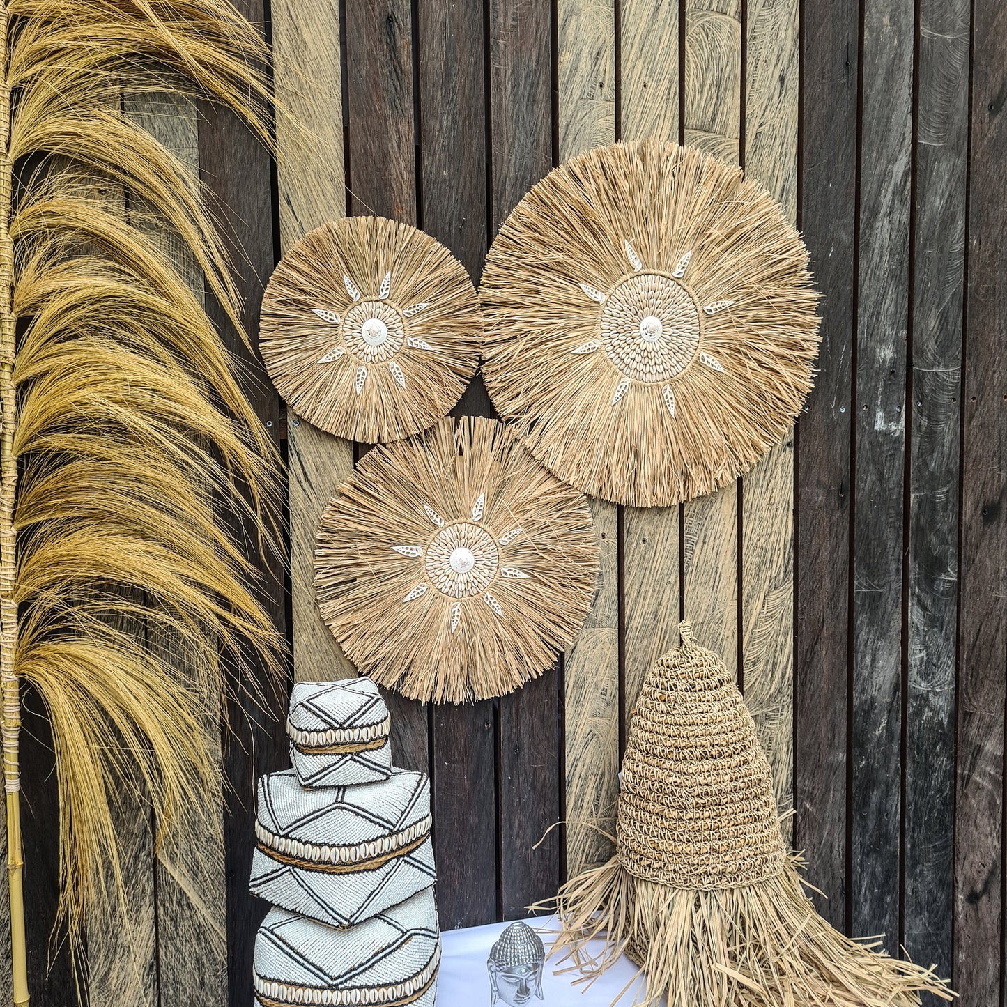 Wall decor set of 3 palm rafia shells 50,40,30cm jujuhat juju hat wall decor wall hangings shell decoration bohemian style boho decor