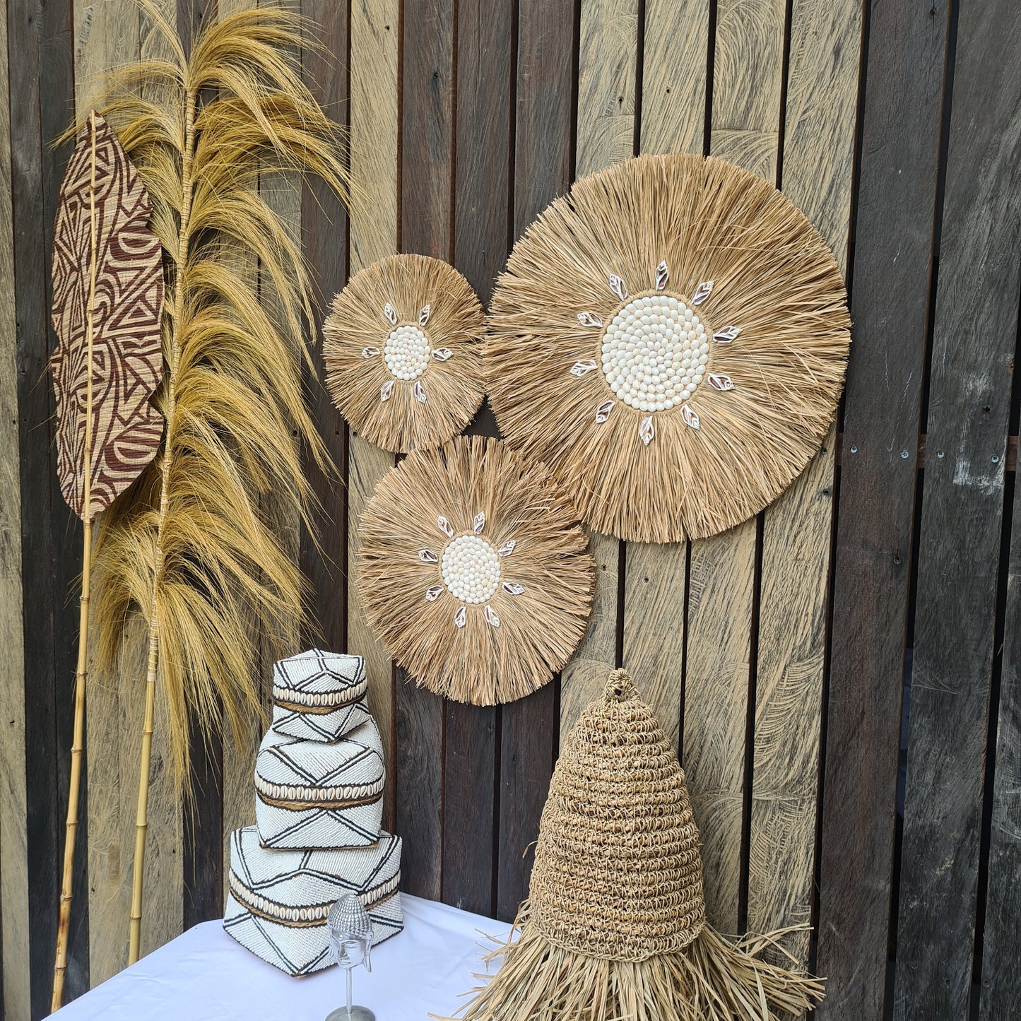 Wall decor set of 3 palm rafia shells 50,40,30cm wall decor wall hangings jujuhat juju hat shell decoration bohemian style boho decor