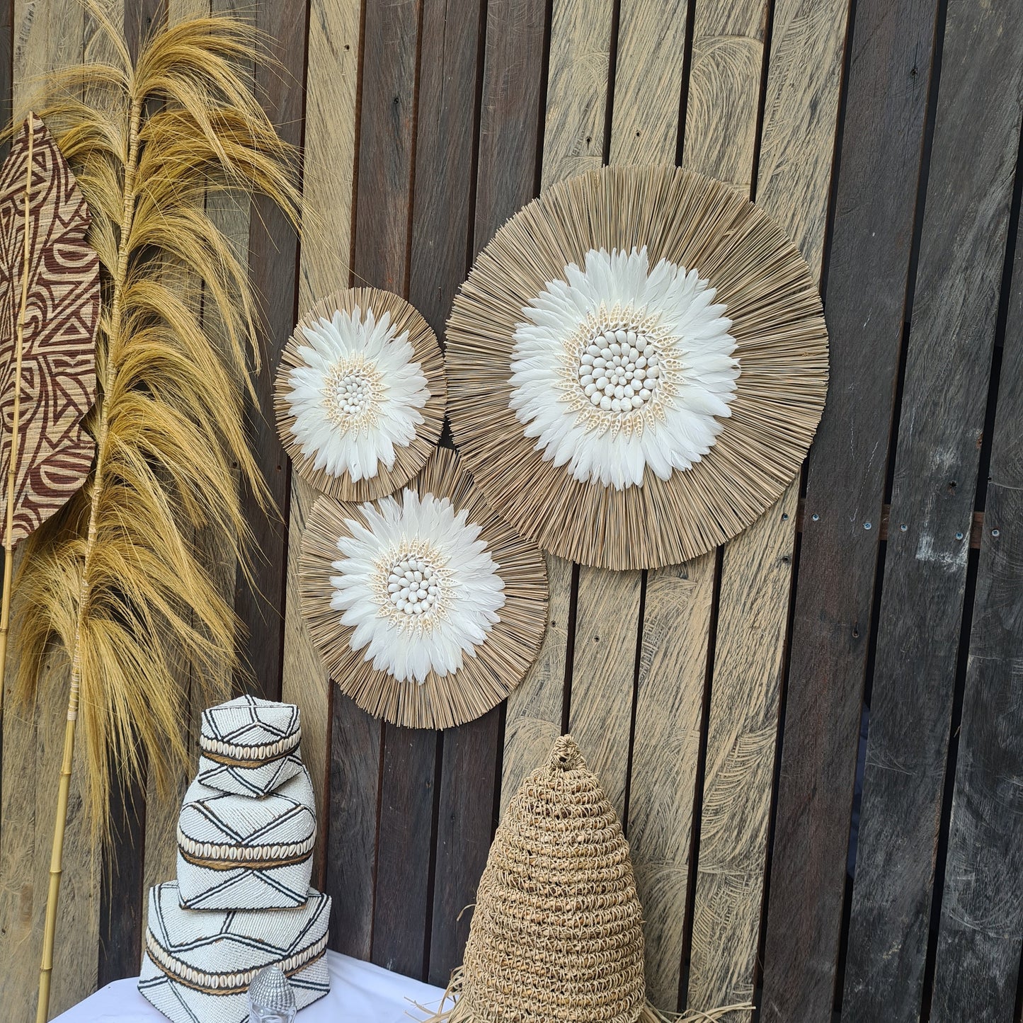 Wall decor set of 3 feather fimbristylis shells 50,40,30cm jujuhat juju hat wall decor wall hangings decoration bohemian style boho decor