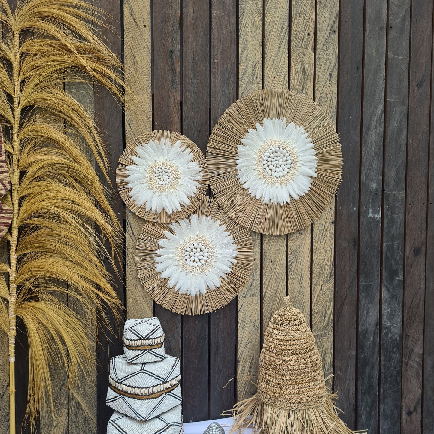 Wall decor set of 3 feather fimbristylis shells 50,40,30cm jujuhat juju hat wall decor wall hangings decoration bohemian style boho decor