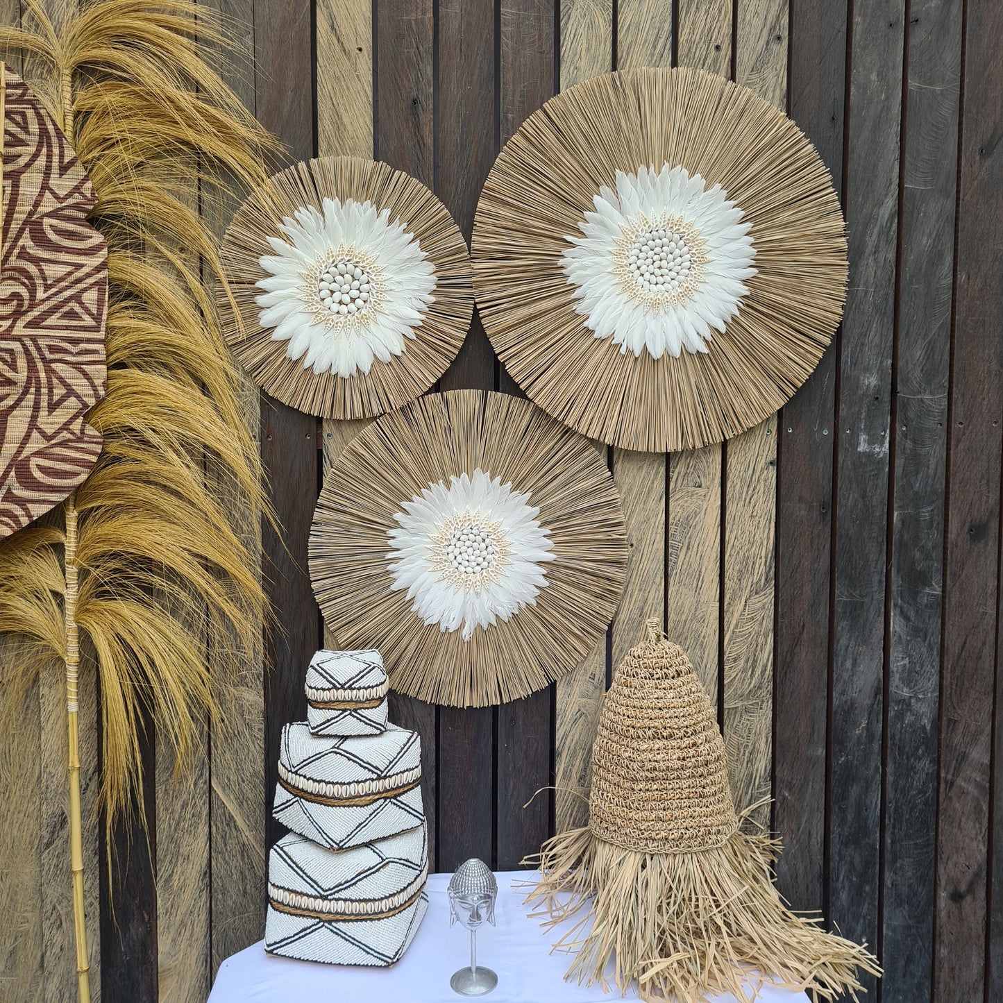 Wall decor set of 3 feather fimbristylis shells 60,50,40cm jujuhat juju hat wall decor wall hangings decoration bohemian style boho decor