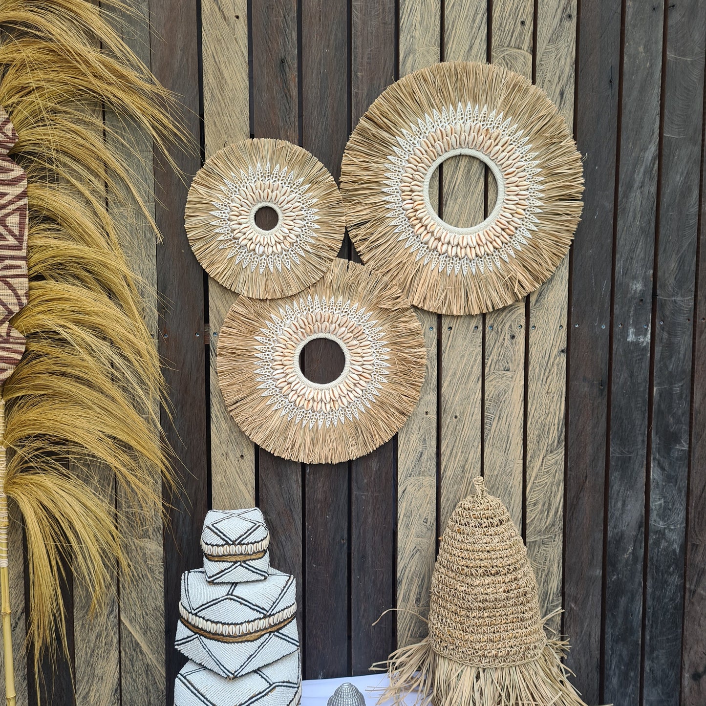 Wall decor set of 3 50,40,30cm palm rafia shells wall hangings jujuhat juju hat shell decoration bohemian style boho wall decor