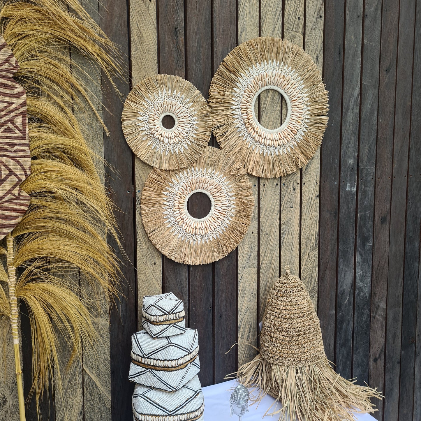 Wall decor set of 3 50,40,30cm palm rafia shells wall hangings jujuhat juju hat shell decoration bohemian style boho wall decor