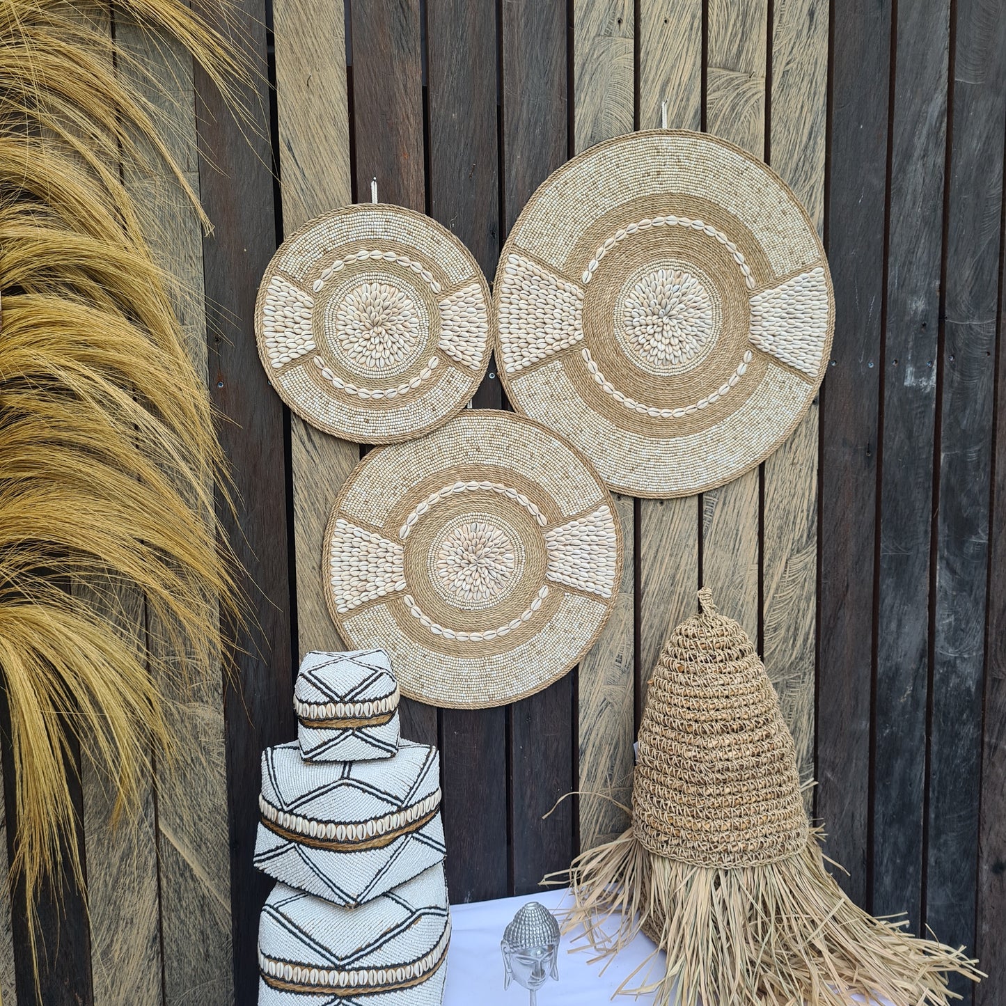 Wall shell decor 40, 50, 60cm juju hat boho decoration eco decor wall hanging bohemian style wall baskets wicker wall tray beads