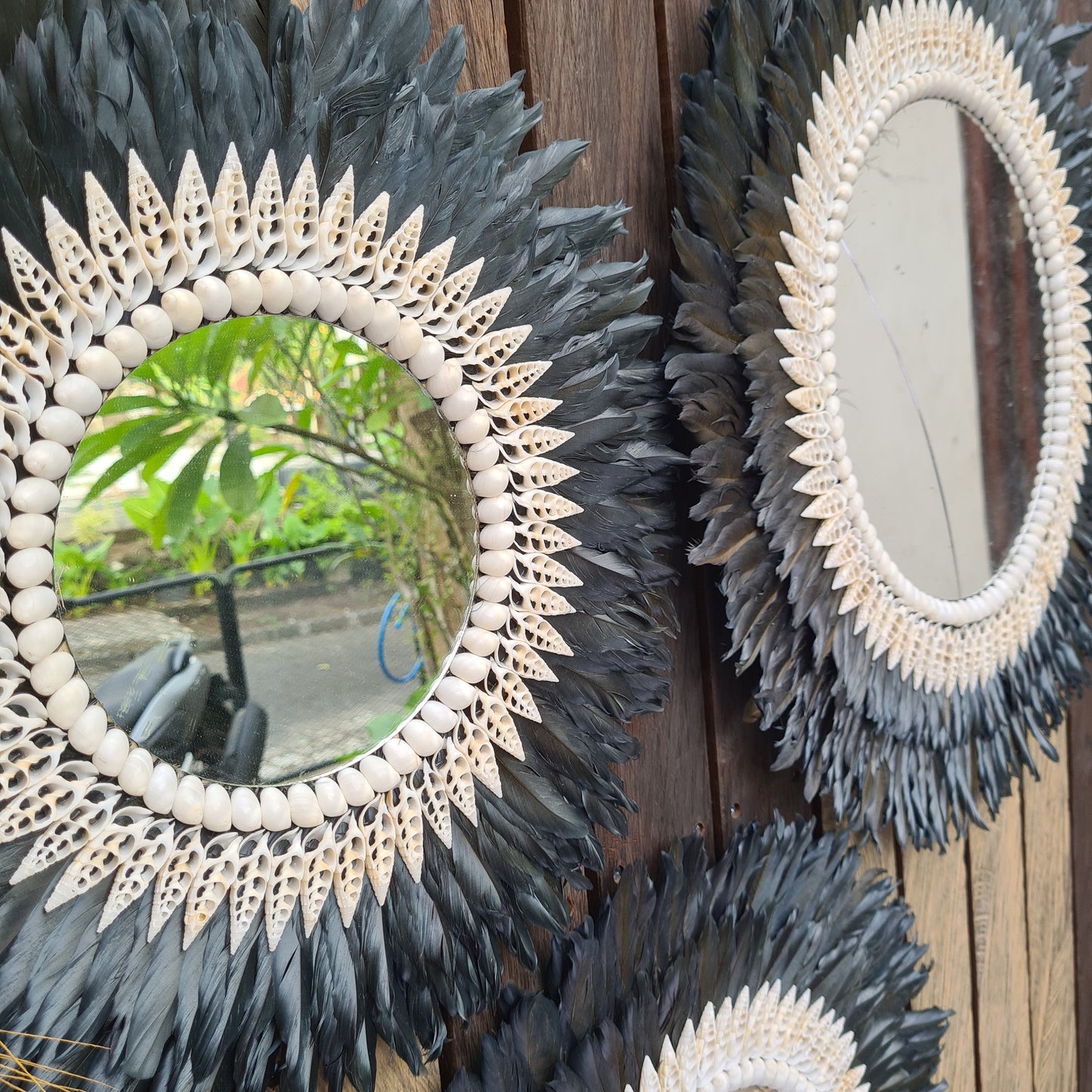 Black Juju mirror decor 40,50,60cm + mirror feather frame juju hat wall decor boho decor wall hangings shells
