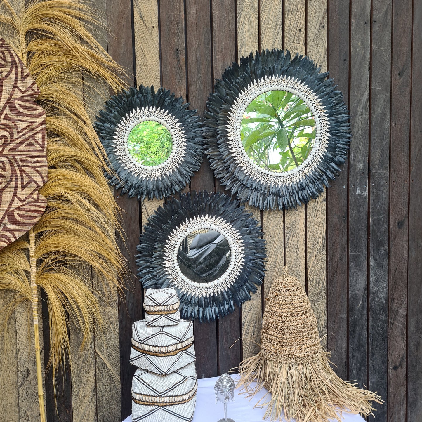 Black Juju mirror decor 40,50,60cm + mirror feather frame juju hat wall decor boho decor wall hangings shells