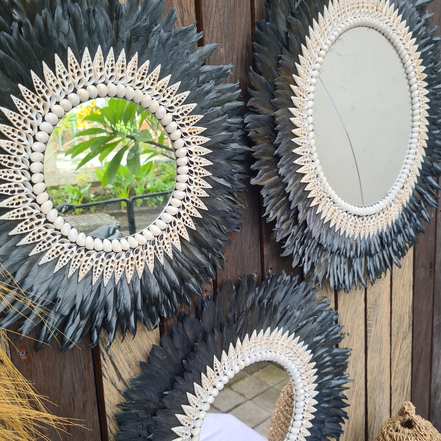 Black Juju mirror decor 40,50,60cm + mirror feather frame juju hat wall decor boho decor wall hangings shells