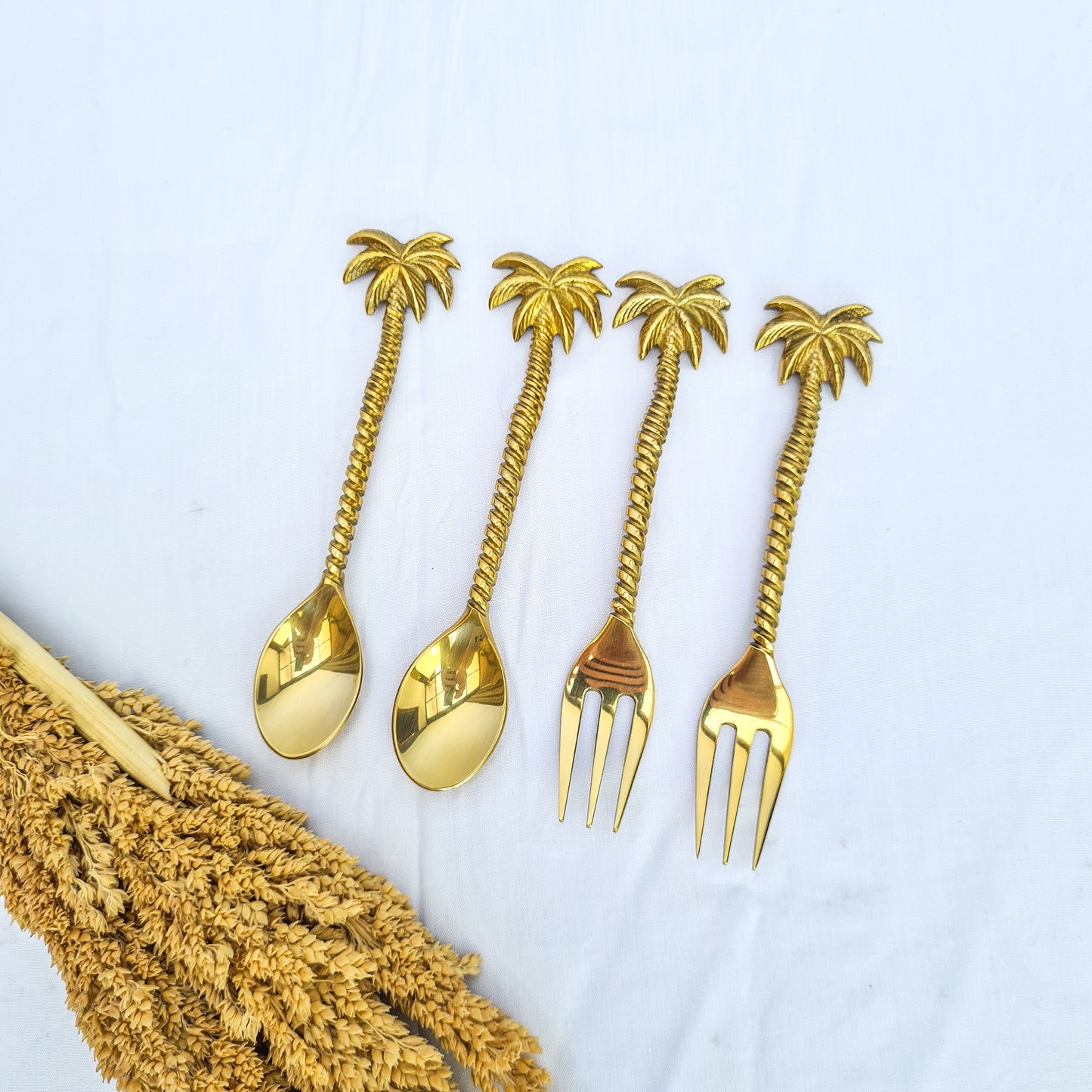 Cutlery set dessert palm hand made brass eco tableware fork spoon bali flatware silverware luxury
