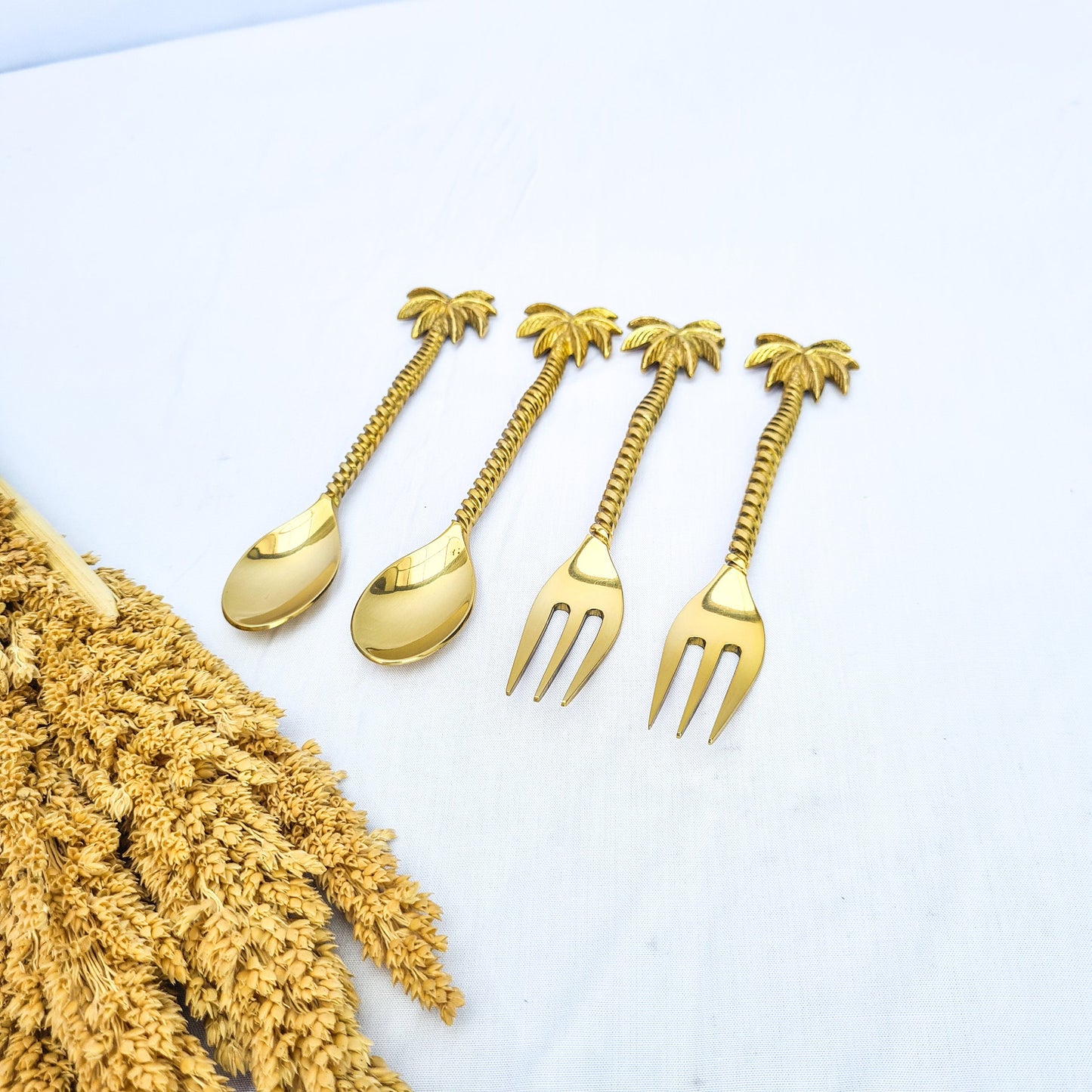 Cutlery set dessert palm hand made brass eco tableware fork spoon bali flatware silverware luxury