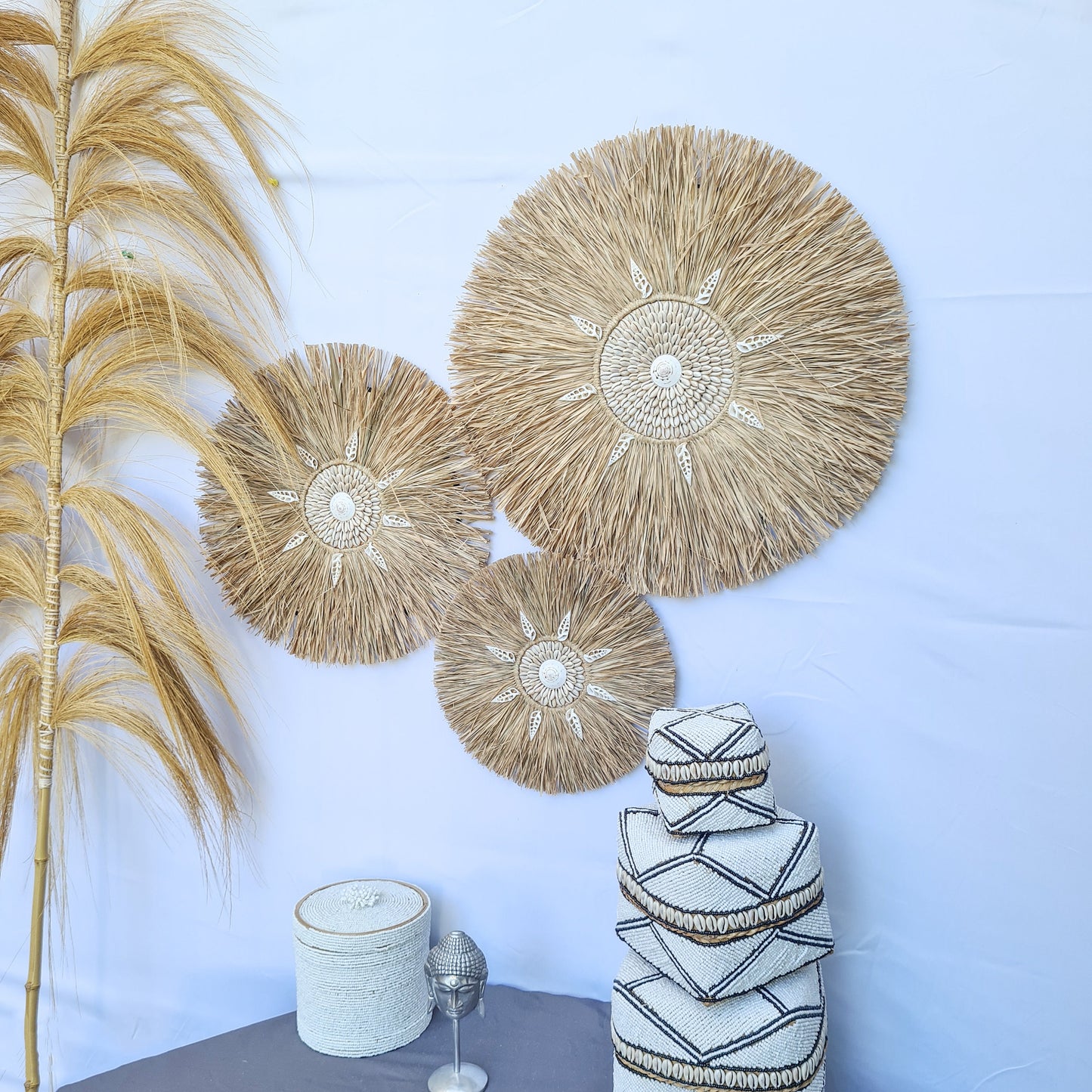 Wall decor set of 3 palm rafia shells 50,40,30cm jujuhat juju hat wall decor wall hangings shell decoration bohemian style boho decor