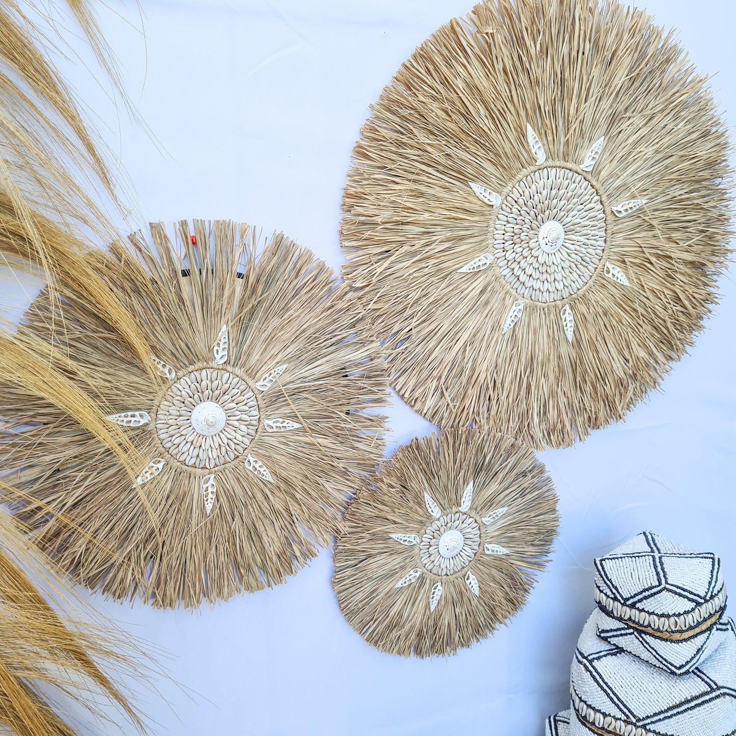 Wall decor set of 3 palm rafia shells 50,40,30cm jujuhat juju hat wall decor wall hangings shell decoration bohemian style boho decor