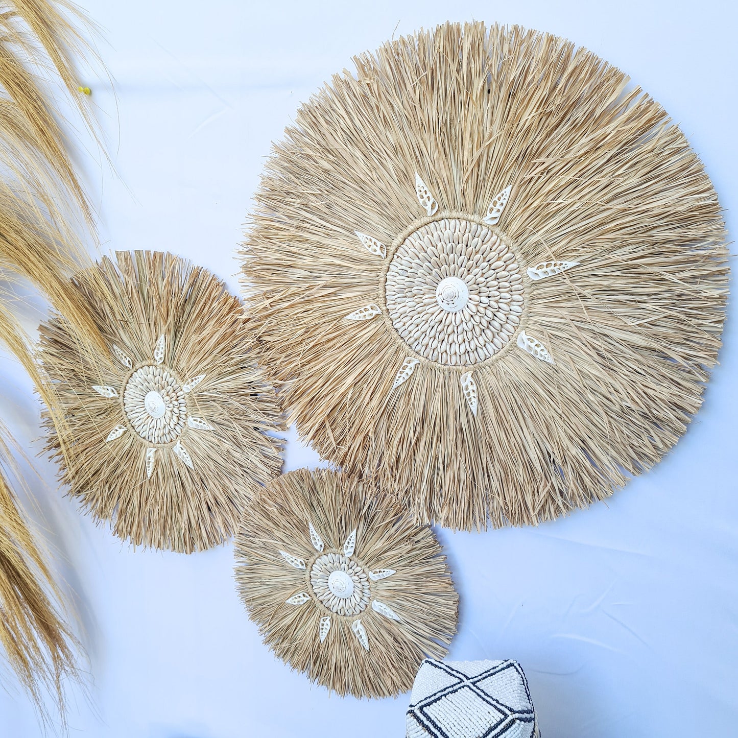 Wall decor set of 3 palm rafia shells 50,40,30cm jujuhat juju hat wall decor wall hangings shell decoration bohemian style boho decor