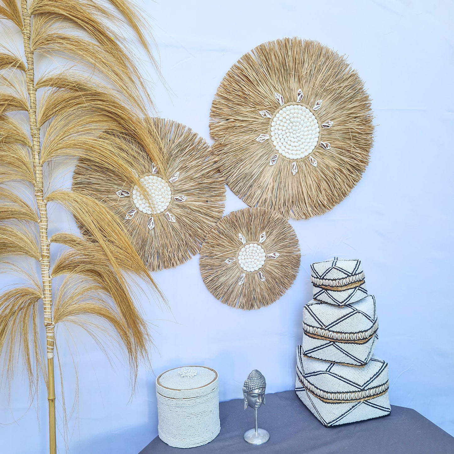 Wall decor set of 3 palm rafia shells 50,40,30cm wall decor wall hangings jujuhat juju hat shell decoration bohemian style boho decor