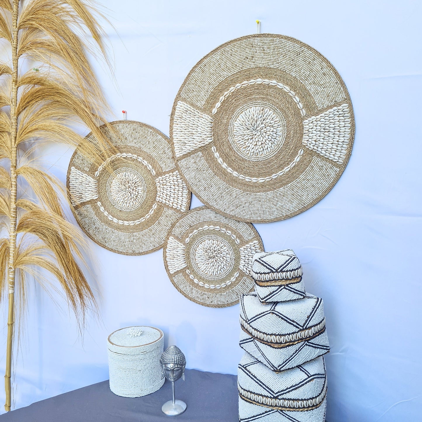Wall shell decor 40, 50, 60cm juju hat boho decoration eco decor wall hanging bohemian style wall baskets wicker wall tray beads