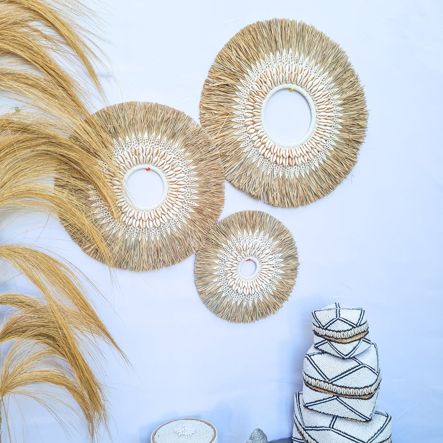 Wall decor set of 3 50,40,30cm palm rafia shells wall hangings jujuhat juju hat shell decoration bohemian style boho wall decor