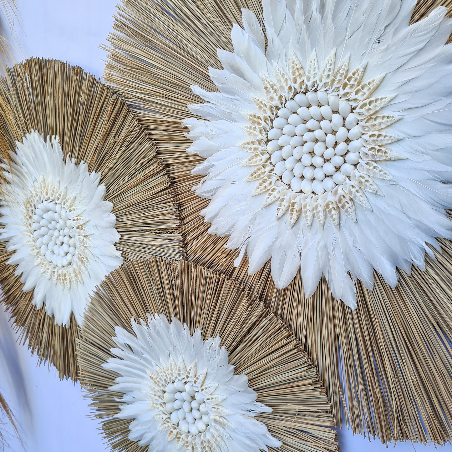 Wall decor set of 3 feather fimbristylis shells 60,50,40cm jujuhat juju hat wall decor wall hangings decoration bohemian style boho decor