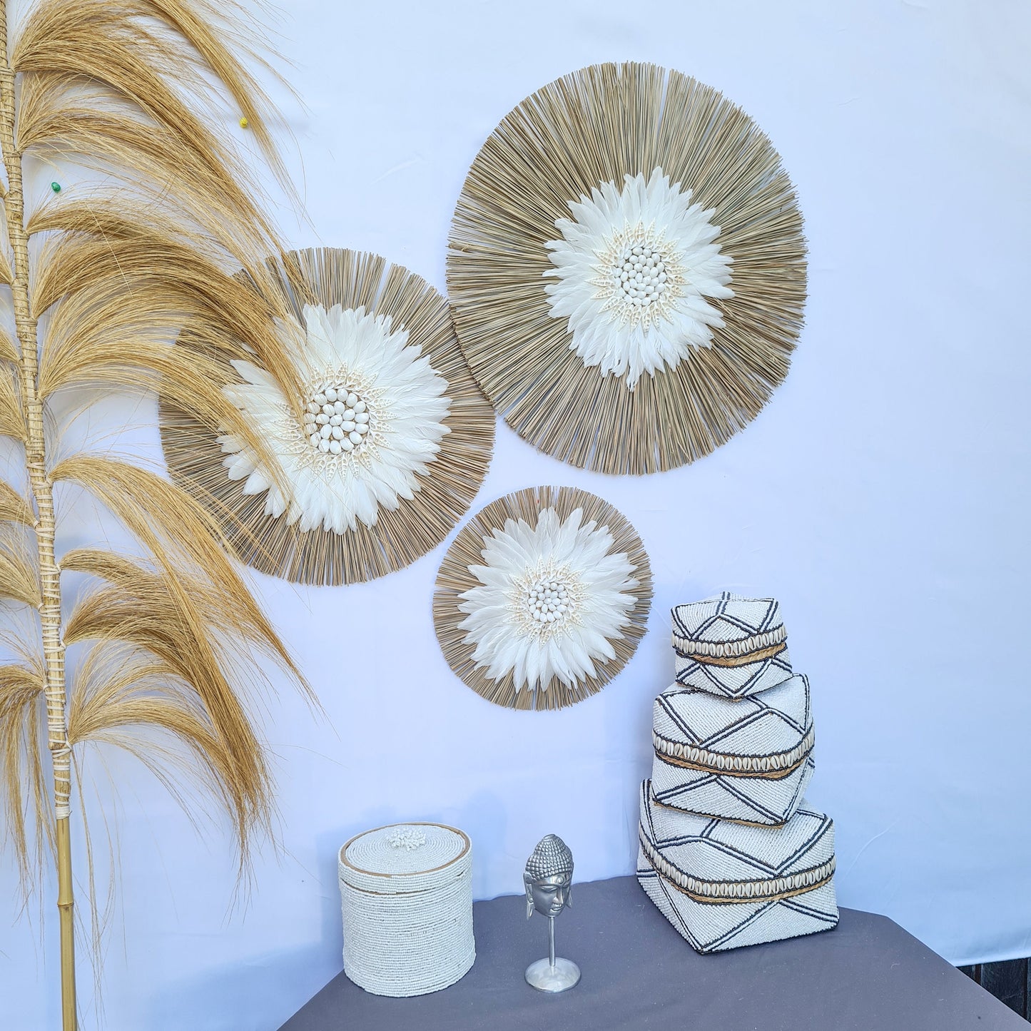 Wall decor set of 3 feather fimbristylis shells 50,40,30cm jujuhat juju hat wall decor wall hangings decoration bohemian style boho decor
