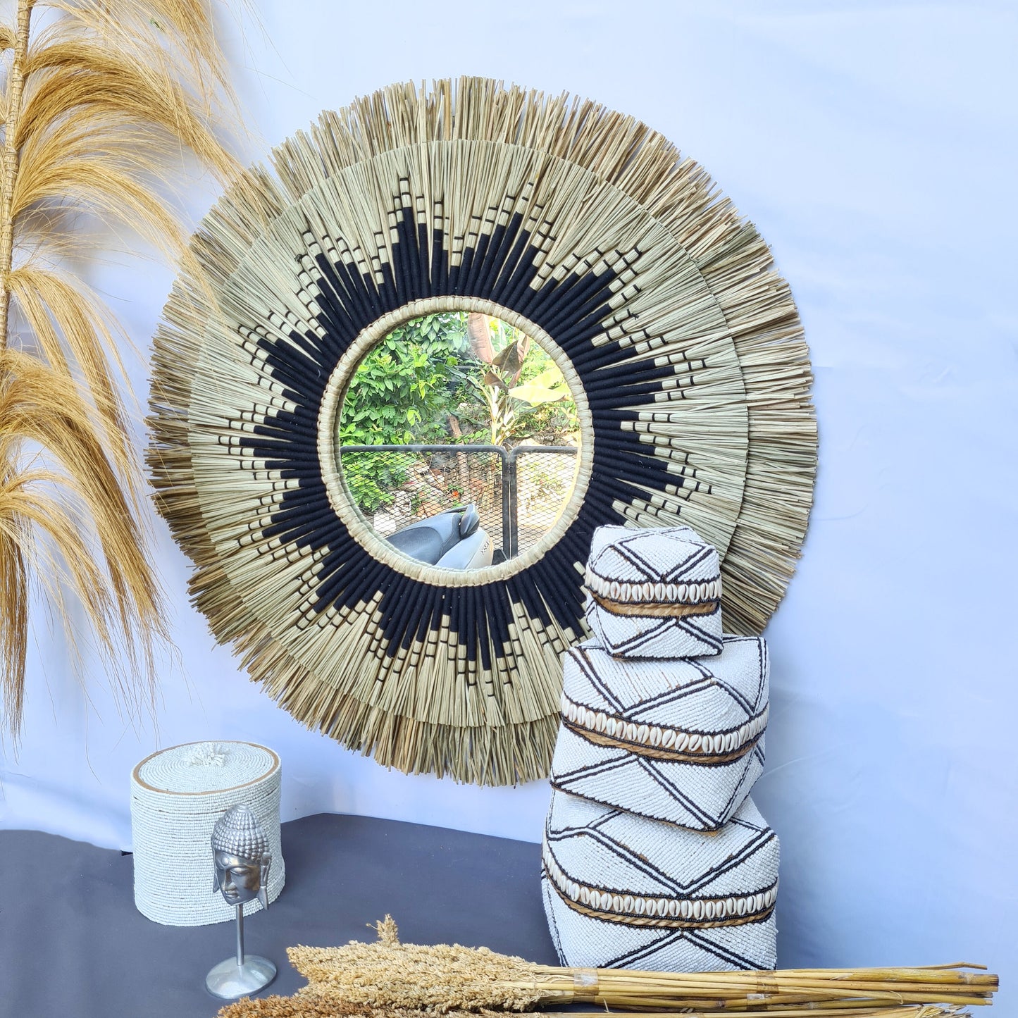Boho mirror 80cm bohemian wall mirror fimbristylis wall hangings juju hat tropical decoration eco mirror boho decor wall decor