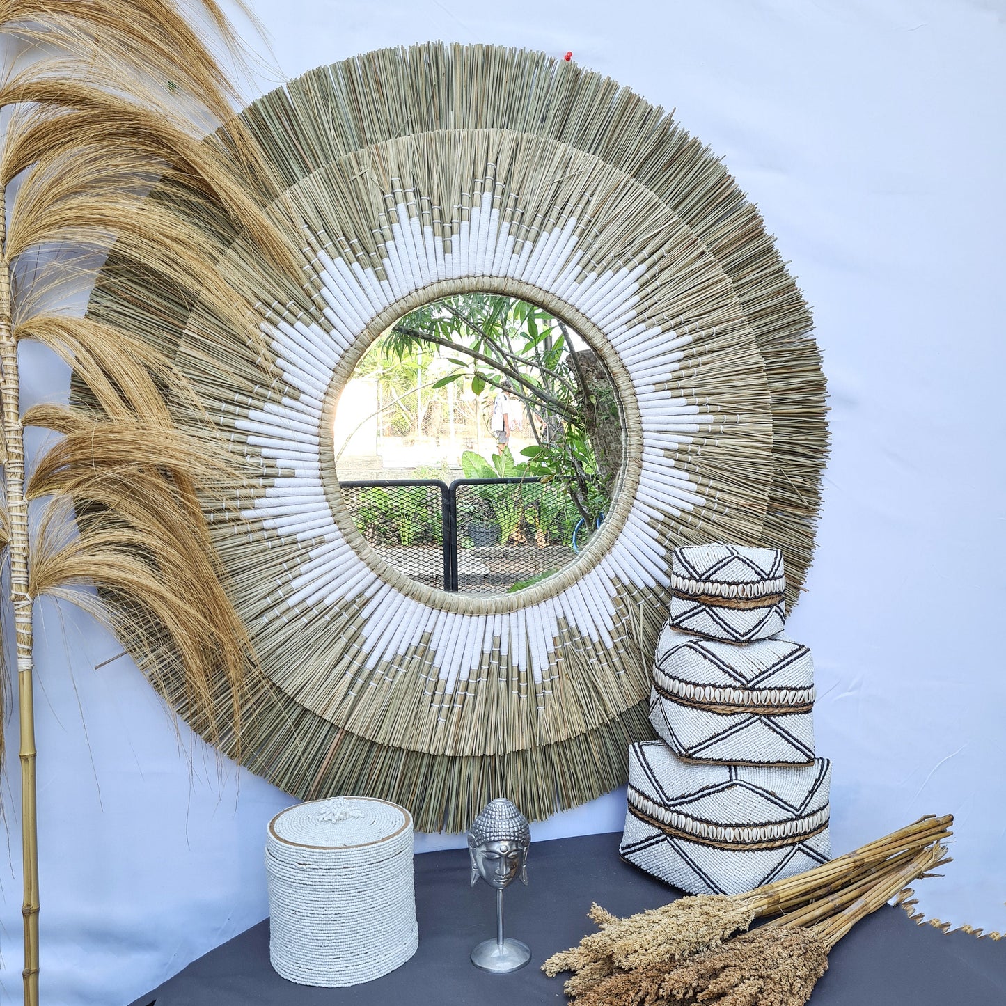 Boho mirror 100cm white fimbristylis bohemian wall mirror wall decor boho decor wall hangings juju hat tropical decoration eco mirror