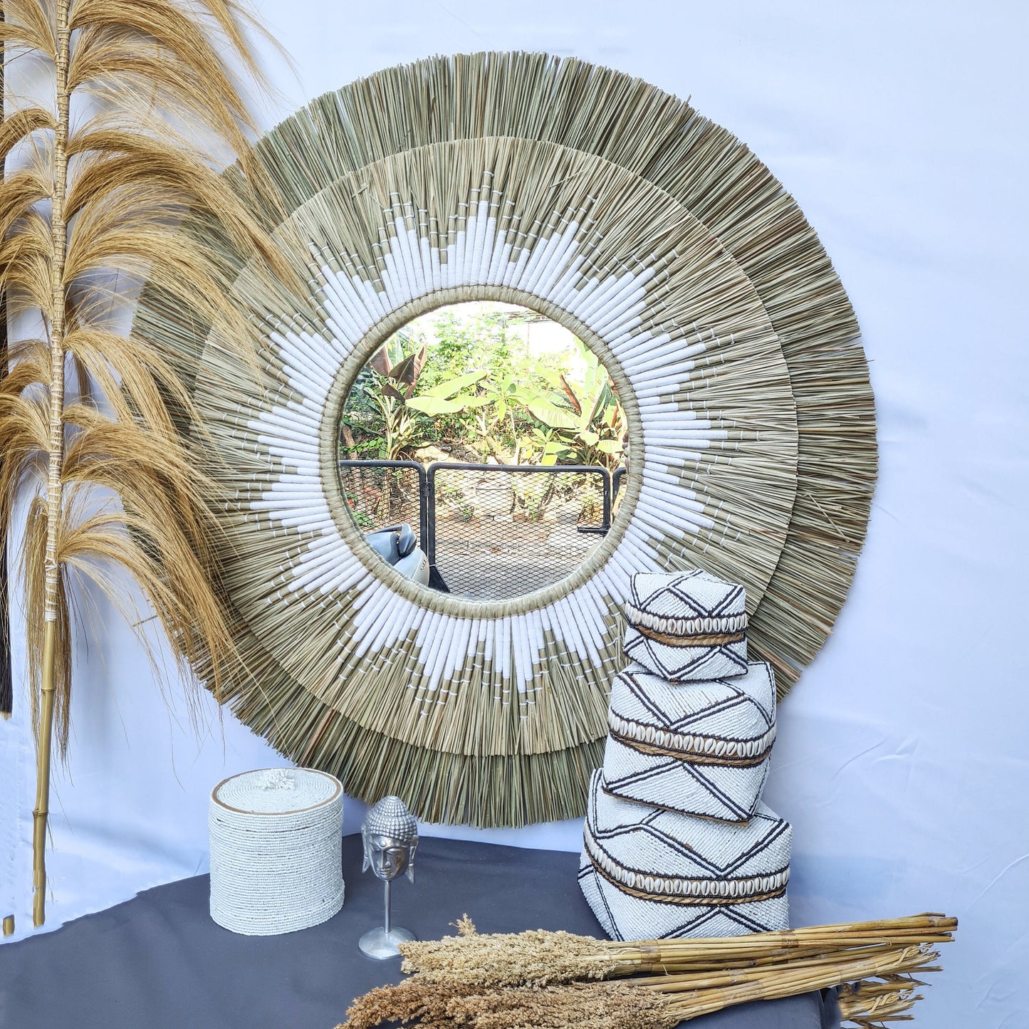 Boho mirror 100cm white fimbristylis bohemian wall mirror wall decor boho decor wall hangings juju hat tropical decoration eco mirror