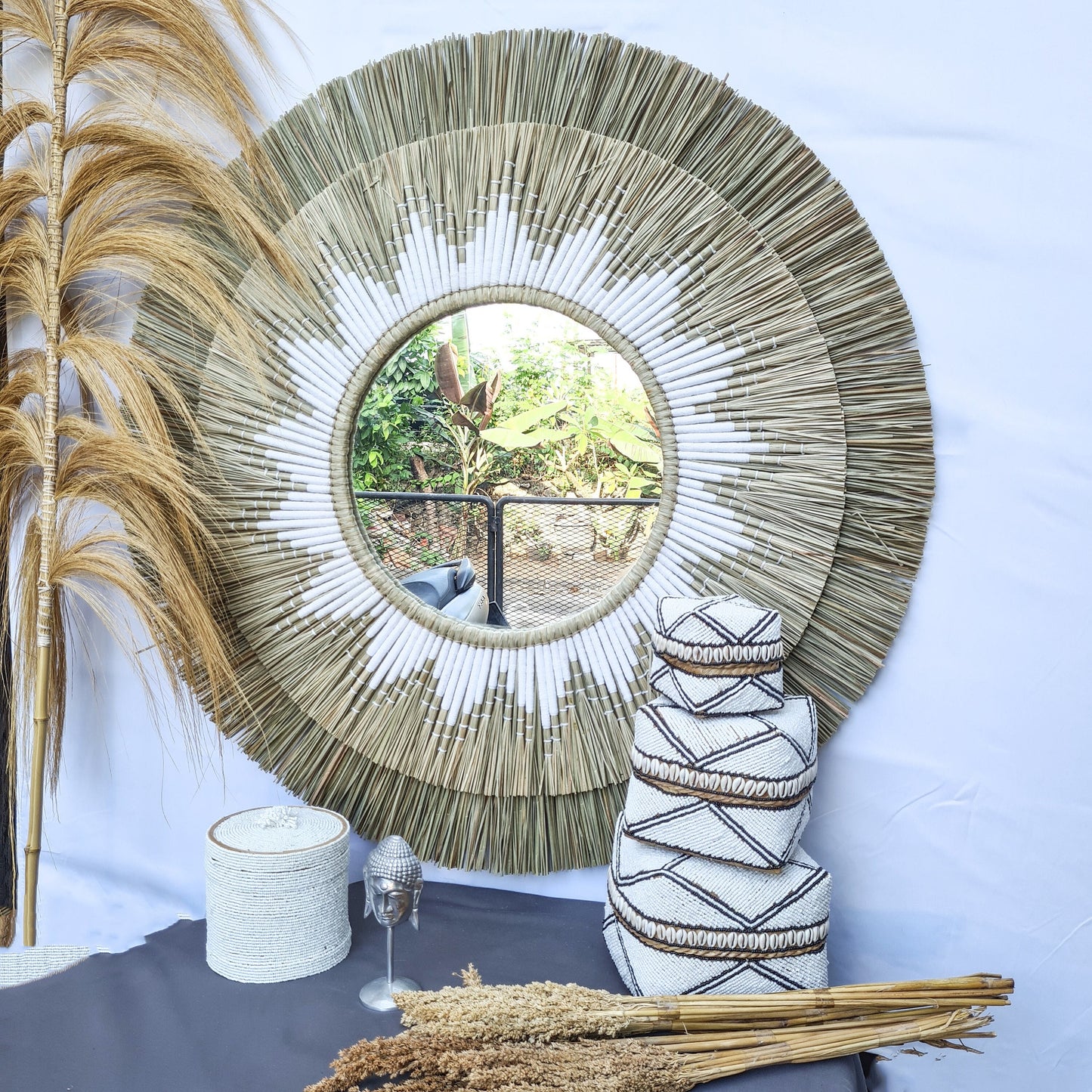 Boho mirror 100cm white fimbristylis bohemian wall mirror wall decor boho decor wall hangings juju hat tropical decoration eco mirror
