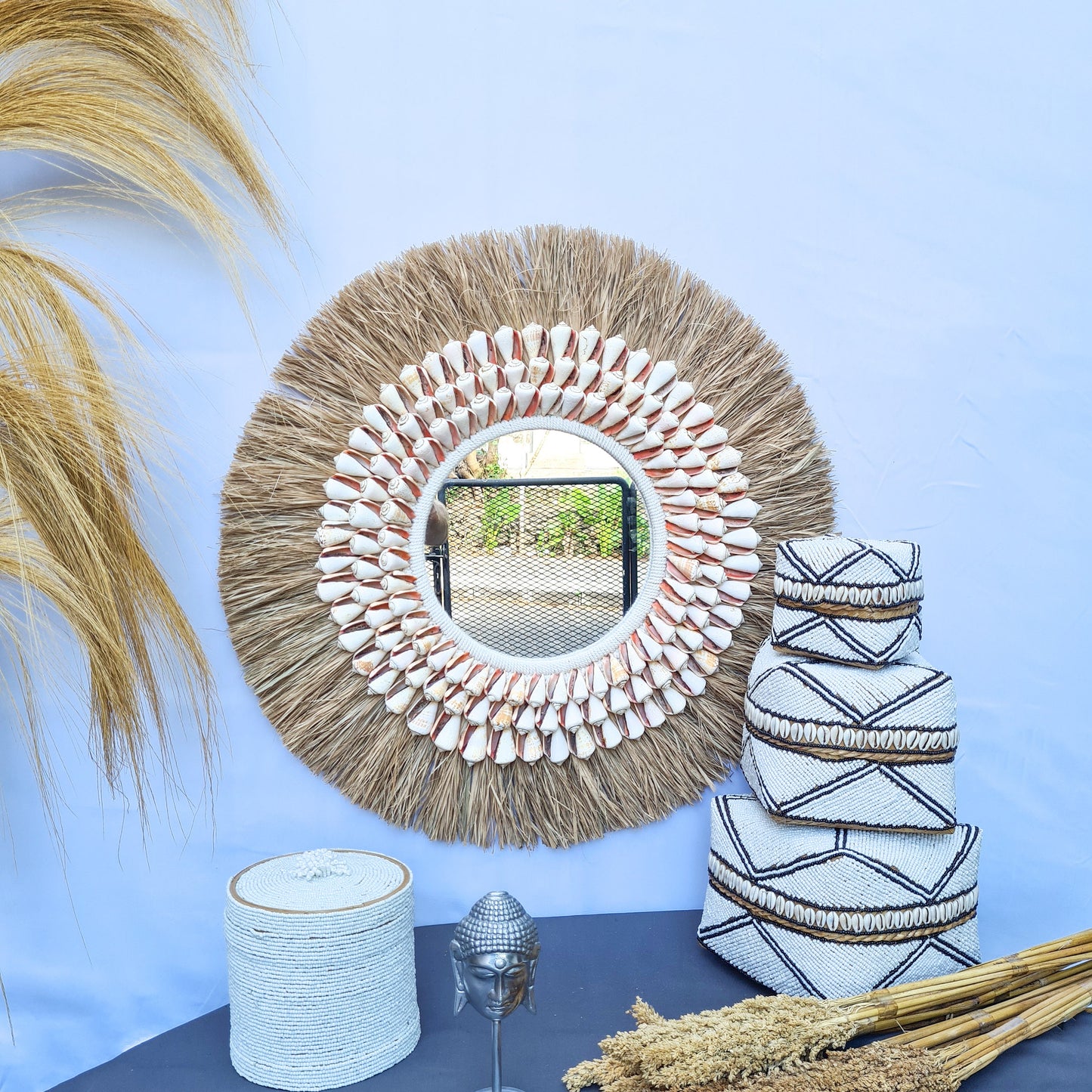 Boho mirror 63cm palm leaf and large orange shells wall hangings juju hat bohemian style wall decor eco mirror