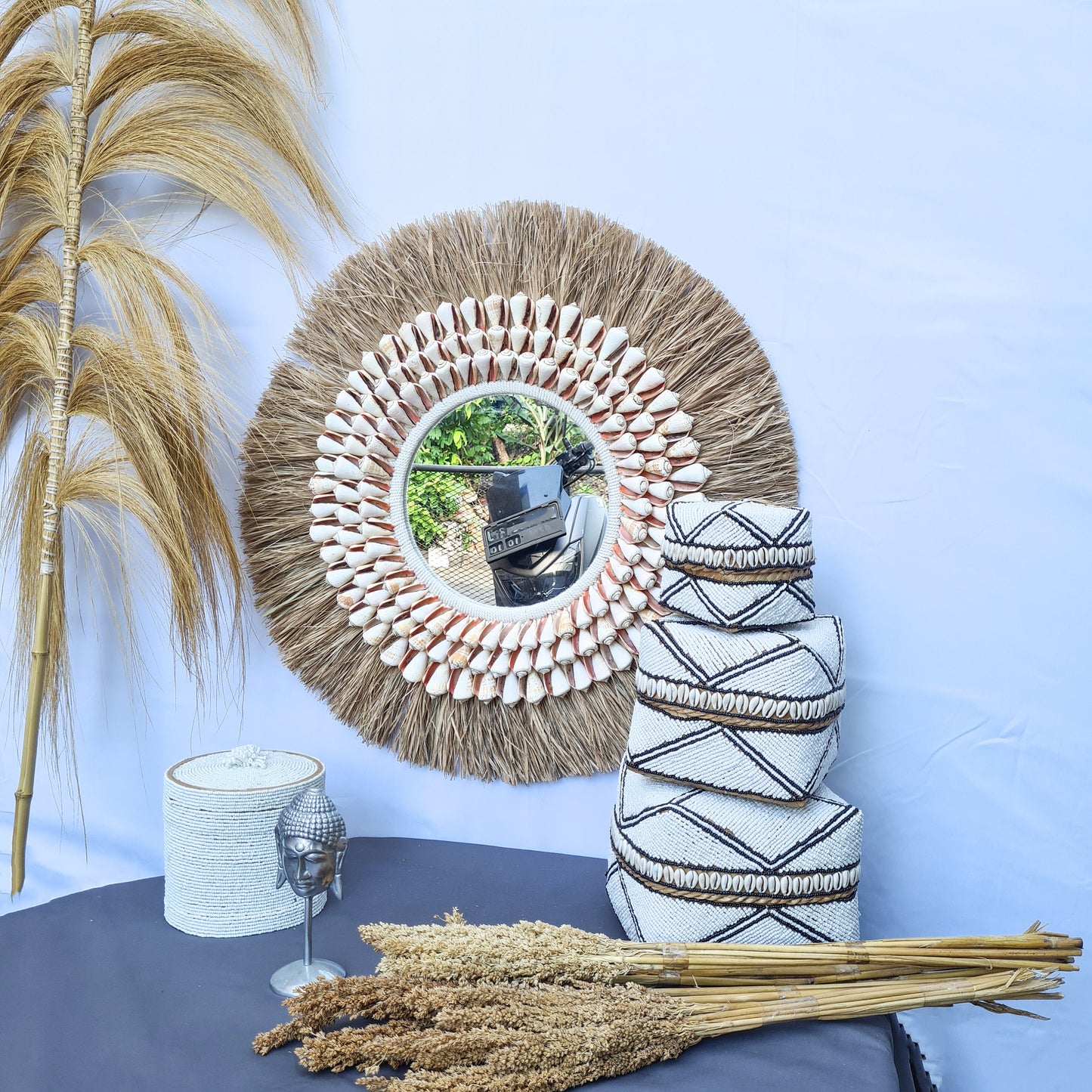 Boho mirror 63cm palm leaf and large orange shells wall hangings juju hat bohemian style wall decor eco mirror