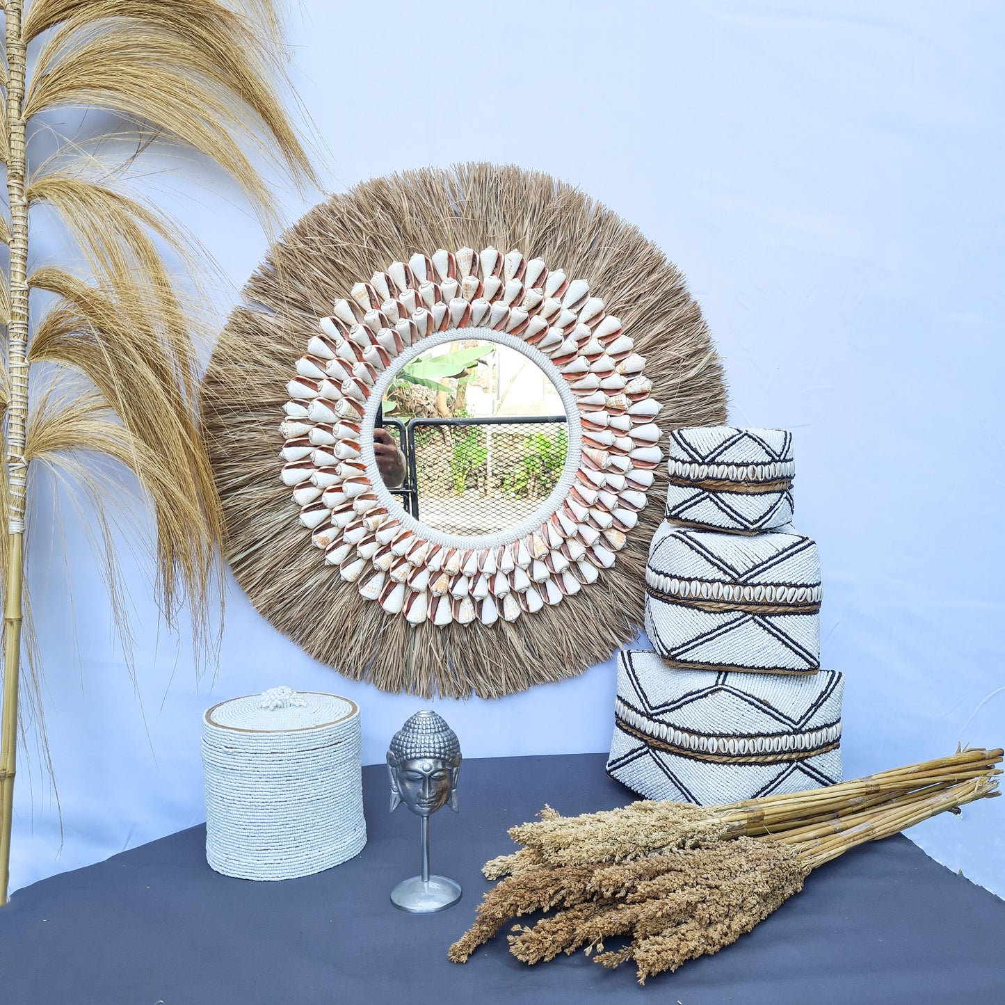 Boho mirror 63cm palm leaf and large orange shells wall hangings juju hat bohemian style wall decor eco mirror