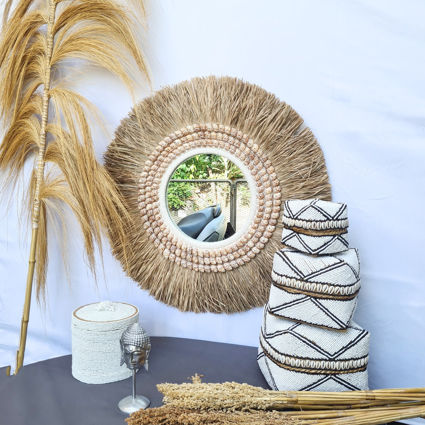 Boho mirror 63cm palm leaf and orange shells bohemian style wall decor eco mirror wall hangings juju hat