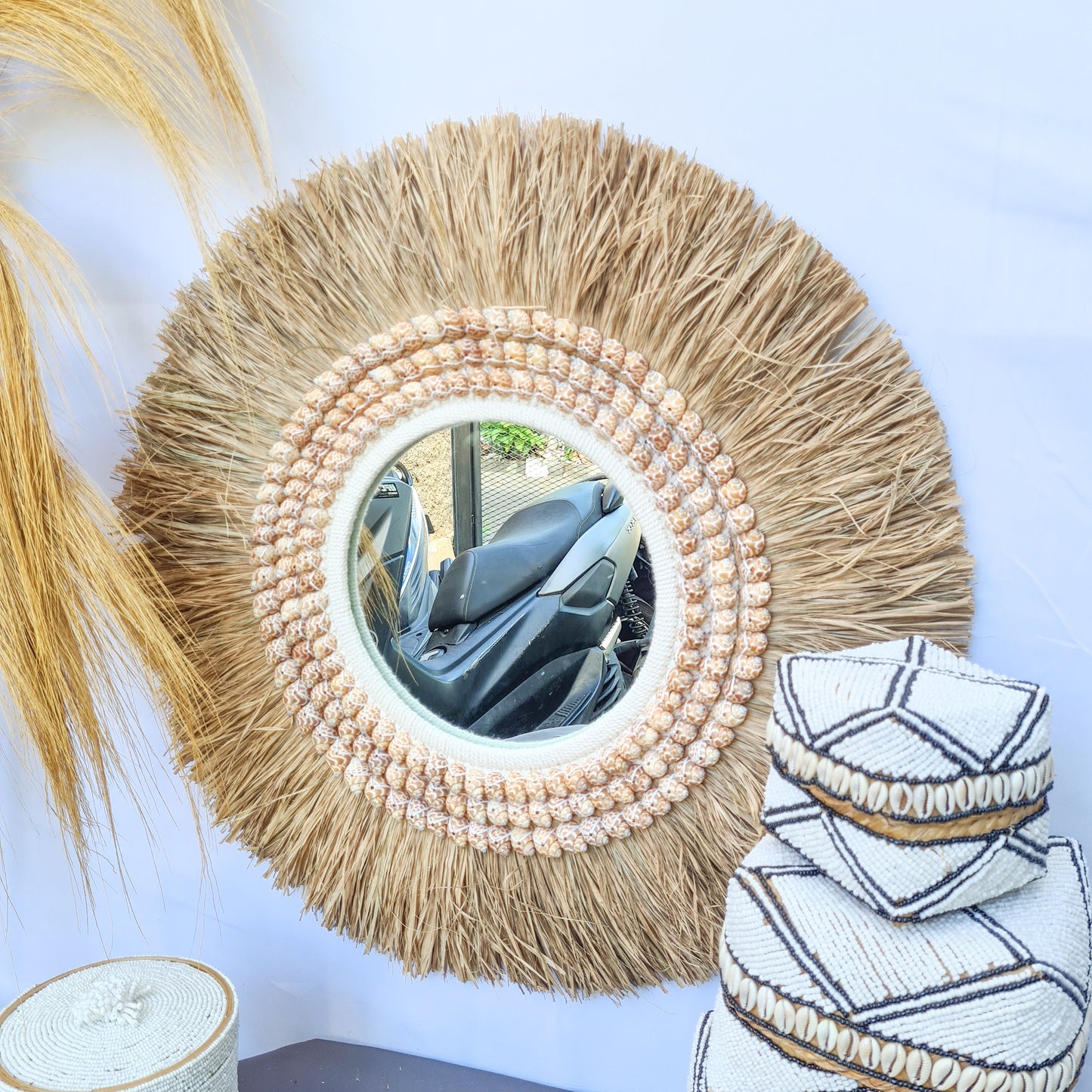Boho mirror 63cm palm leaf and orange shells bohemian style wall decor eco mirror wall hangings juju hat